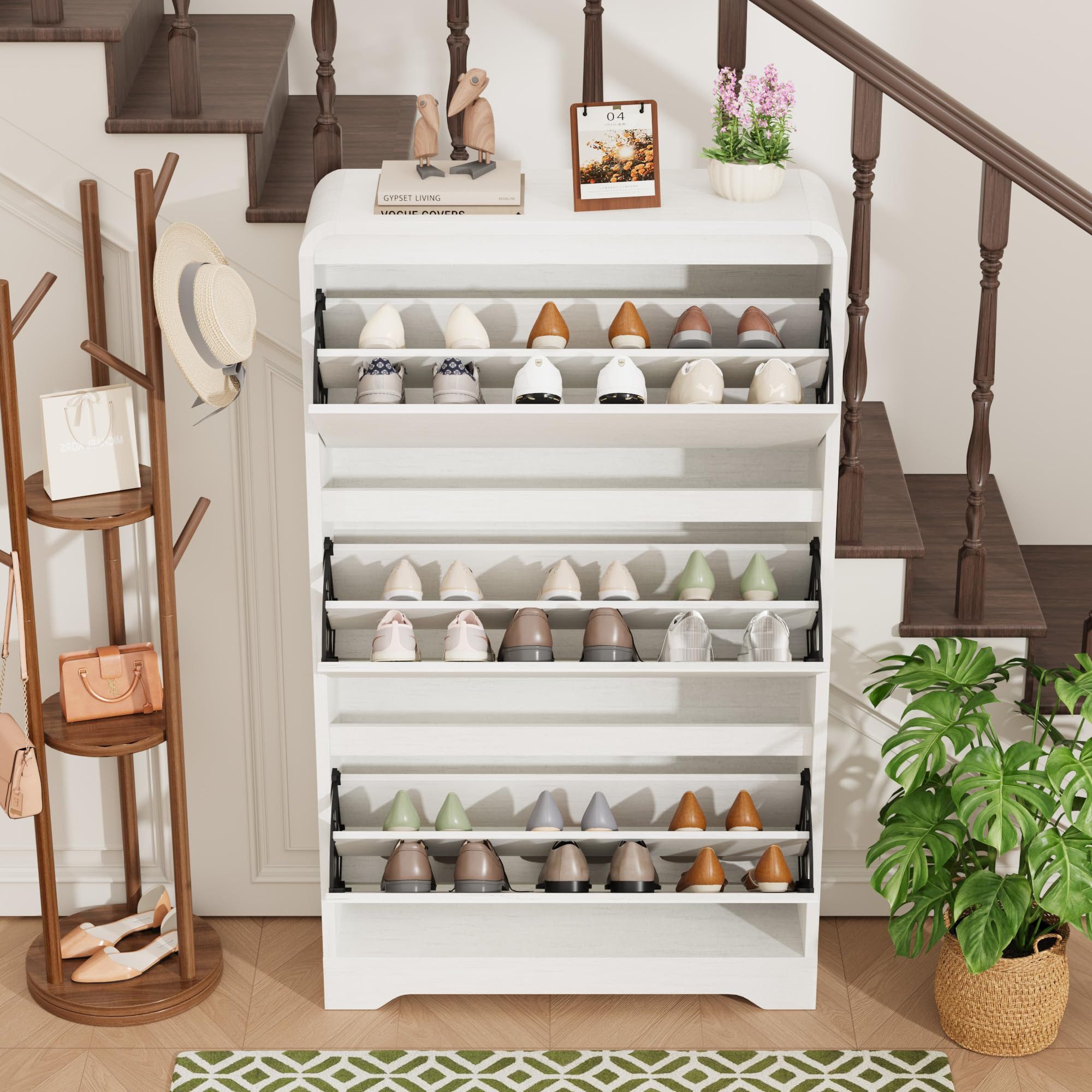 GarveeMore Schuhschrank 136 cm Hoch Modernes Design Schmaler Mehrzweckschrank mit Klapptüren (1-St., 1 x Schuhschrank) Schlanker Schuhschrank für 18-24 Paar, Verstellbare Einlegeböden