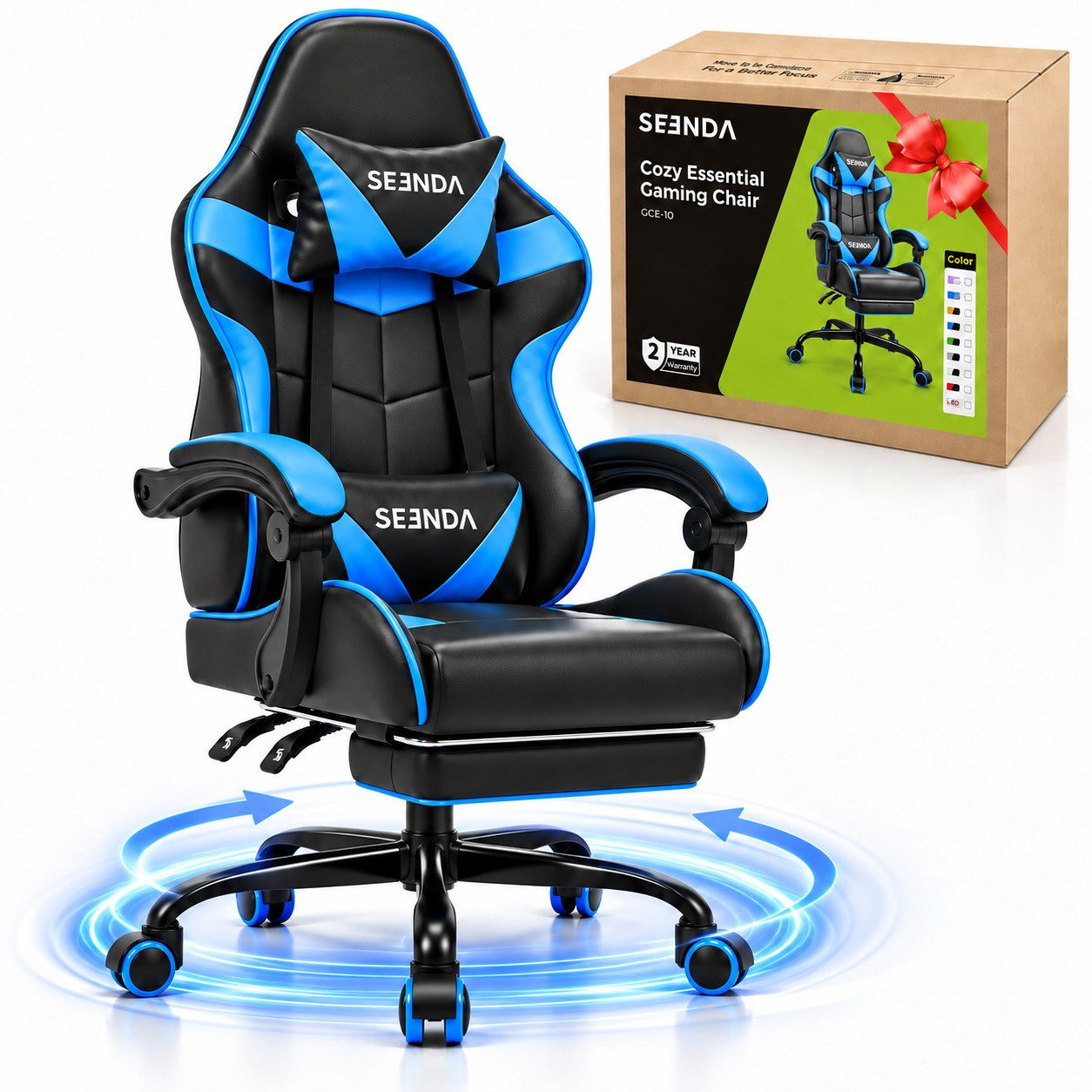 Seenda Gaming-Stuhl Gaming-Stuhl mit Fußstütze ergonomischer Gamer Stuhl bis 150 kg, 90°–135° verstellbar mit Kopf- & Lendenkissen höhenverstellbarer