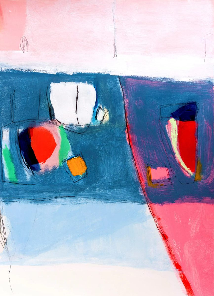 TPFLiving Kunstdruck (OHNE RAHMEN) Poster - Leinwand - Wandbild, Mid Century Modern in Blau und Pink Akzent Abstrakte Leinwand (Leinwandbild XXL), Farben: Blau, Rosa, Rot, Gelb, Grün, Weiß -Größe: 20x30cm