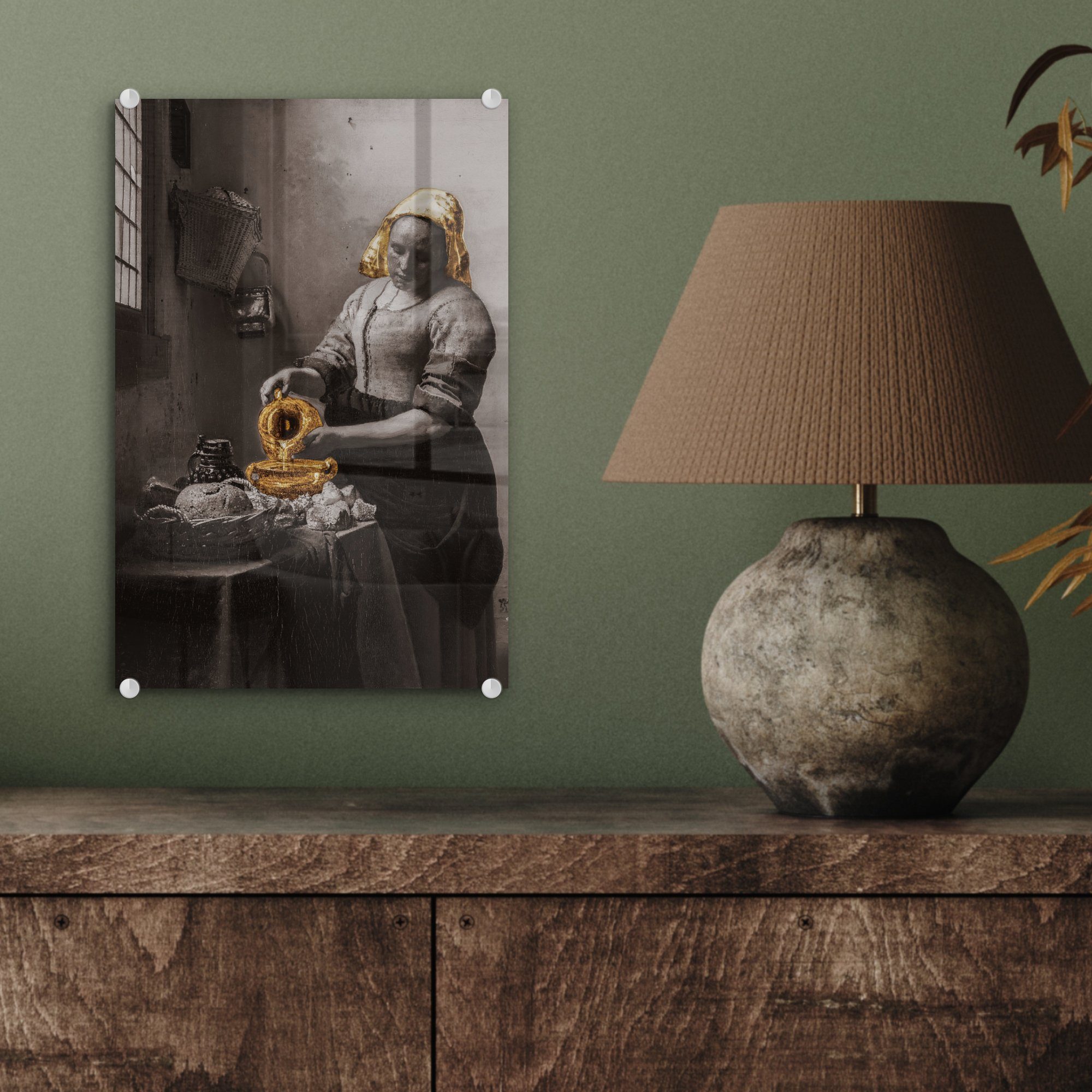 MuchoWow Acrylglasbild Das Milchmädchen Bilder - - - Vermeer (1 - Wandbild auf Gold, Glasbilder auf - St), Wanddekoration Glas Glas Foto Johannes