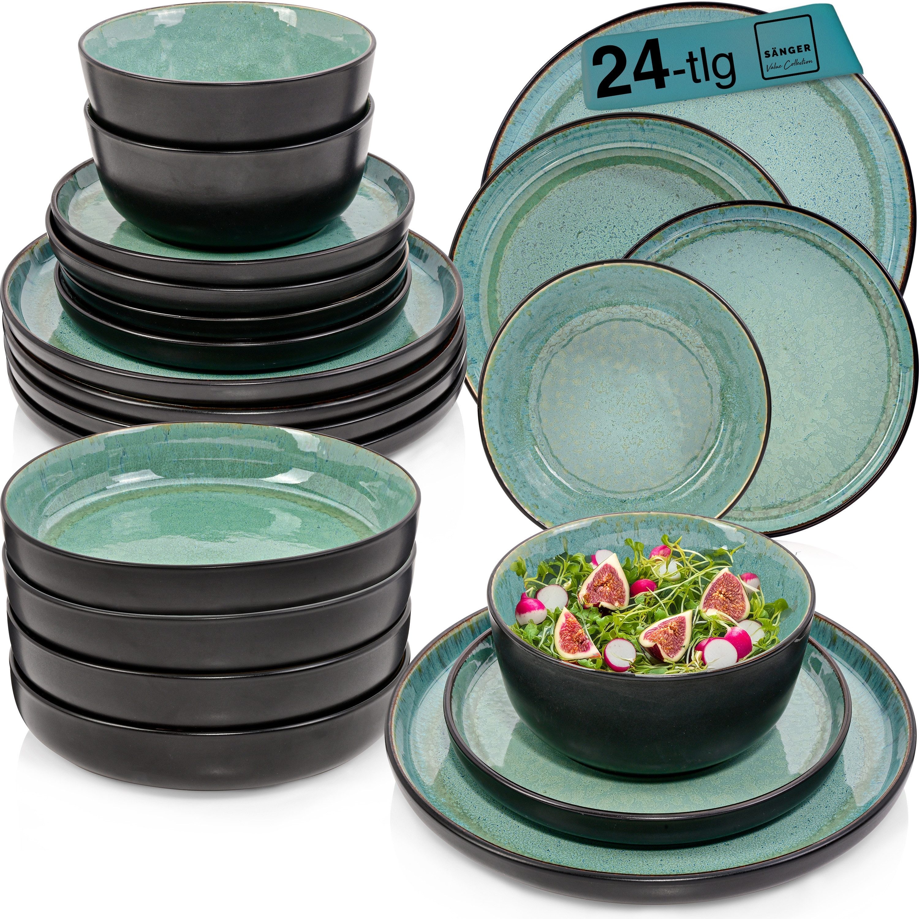 SÄNGER Tafelservice Fiji Geschirrset, Grün Schwarz (24-tlg), 6 Personen, Steingut, Handmade, Erweiterbar, VALUE COLLECTION
