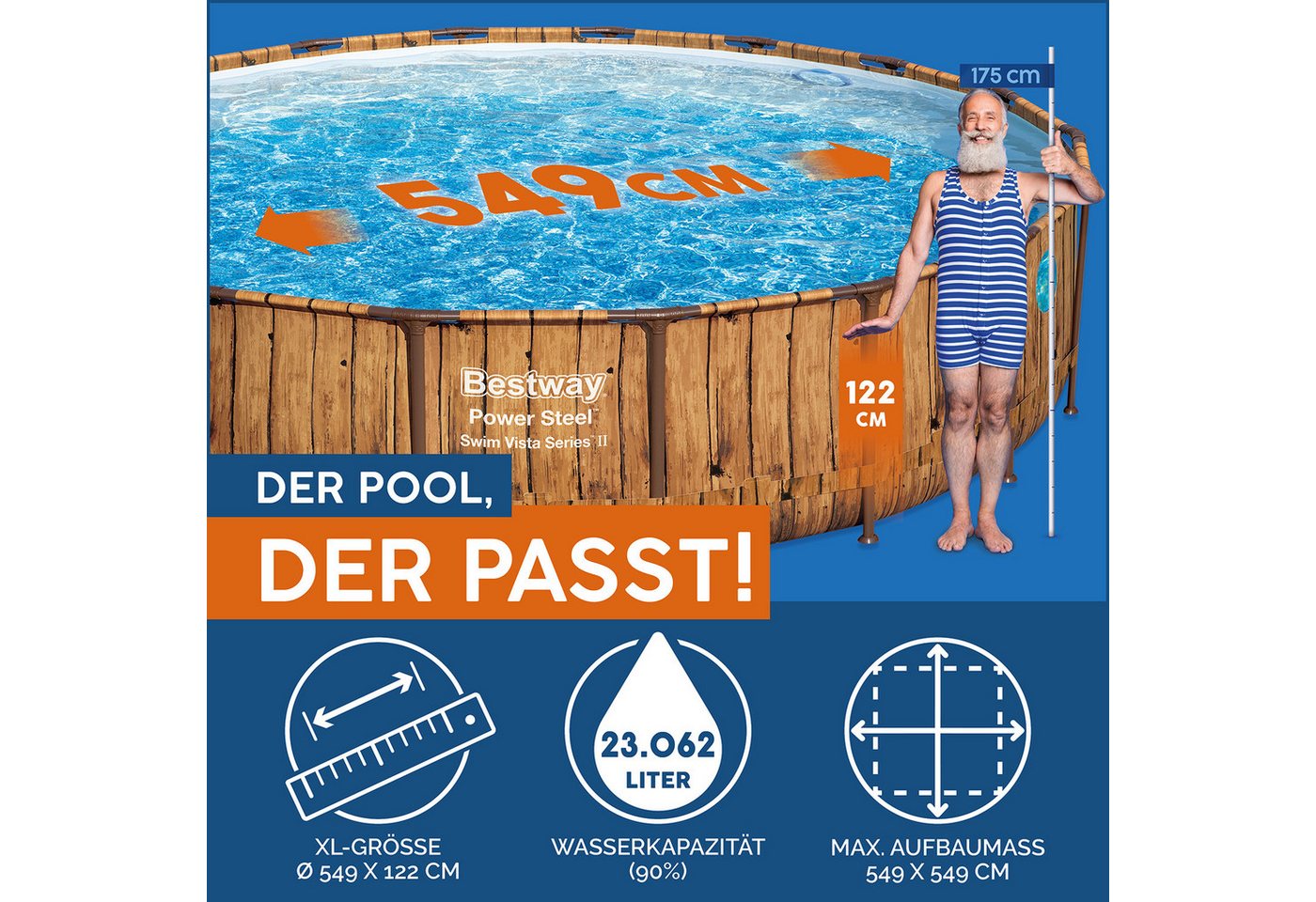 Thumbnail - Bestway Framepool Power Steel™ Swim Vista Series™ ohne Zubehör Ø 549 x 122 cm, Holz-Opti (Packung)