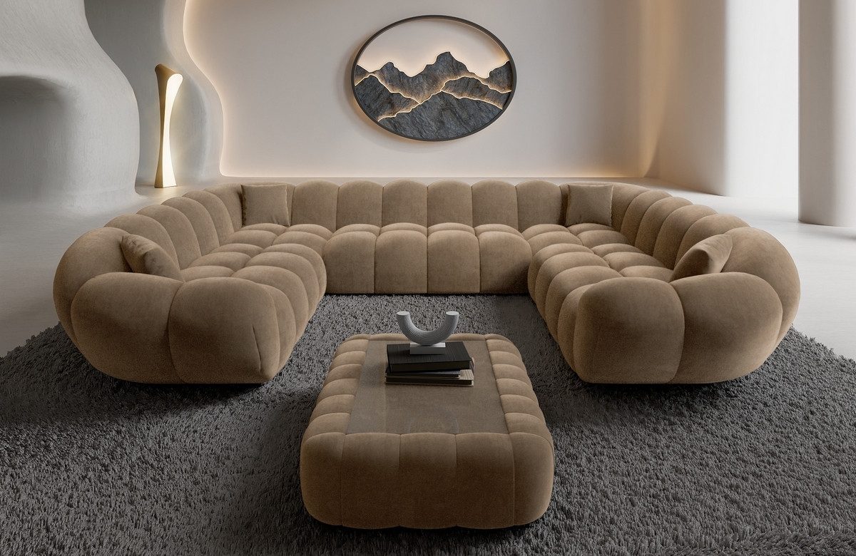 Sofa Dreams Loungesofa Maleron XXL Panorama Design Couch, Stoff Wohnlandschaft, 6-Sitzer, Polster Sofa, Samtstoff Bezug in Braun