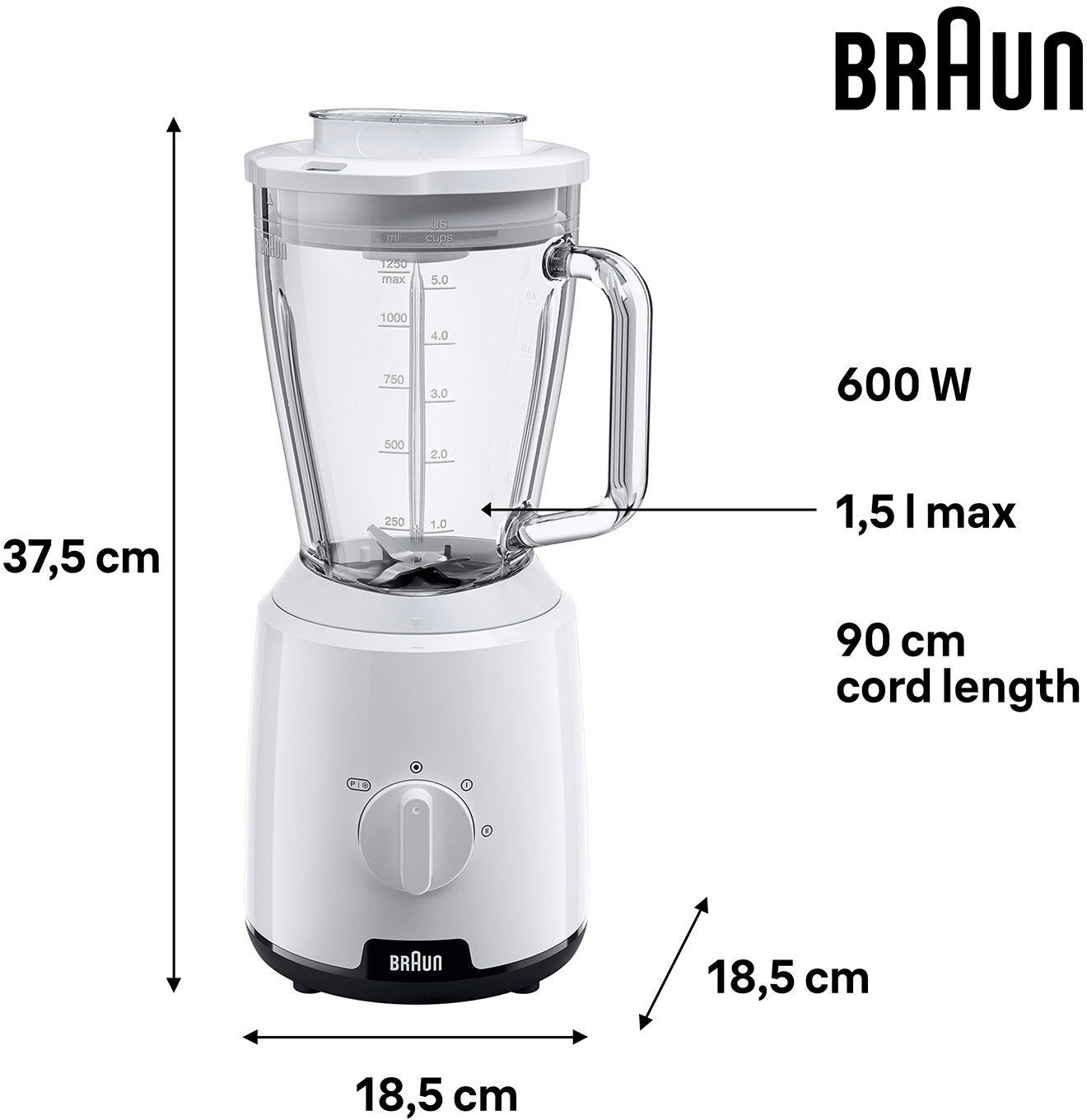 Braun Standmixer PowerBlend 1 JB 1050 WH - 600W, 2 Geschwindigkeiten, 1,5L, 2 Programme, 600 W, Glaskrug, Ice-Crush & Pulsfunktion, spülmaschinenfest – Bild 4 von 5