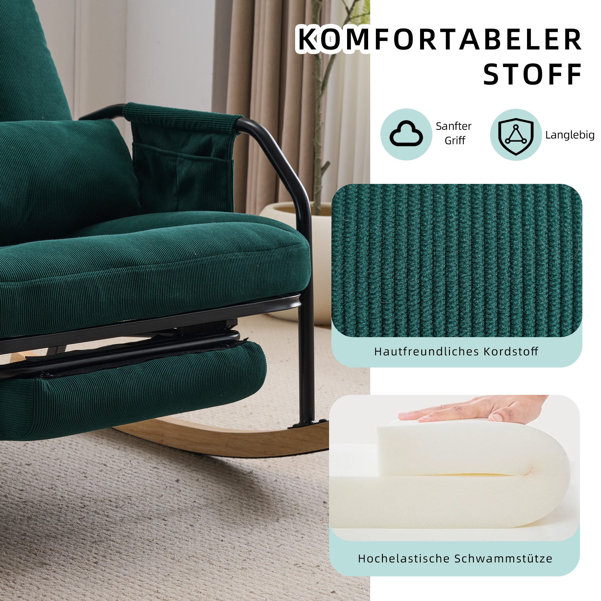 Vankel Schaukelstuhl Leawin großer Schaukelstuhl mit Liegefunktion & Fußstütze, Verstellbarer Relax-Schaukelstuhl mit breitem Sitz & Kissen