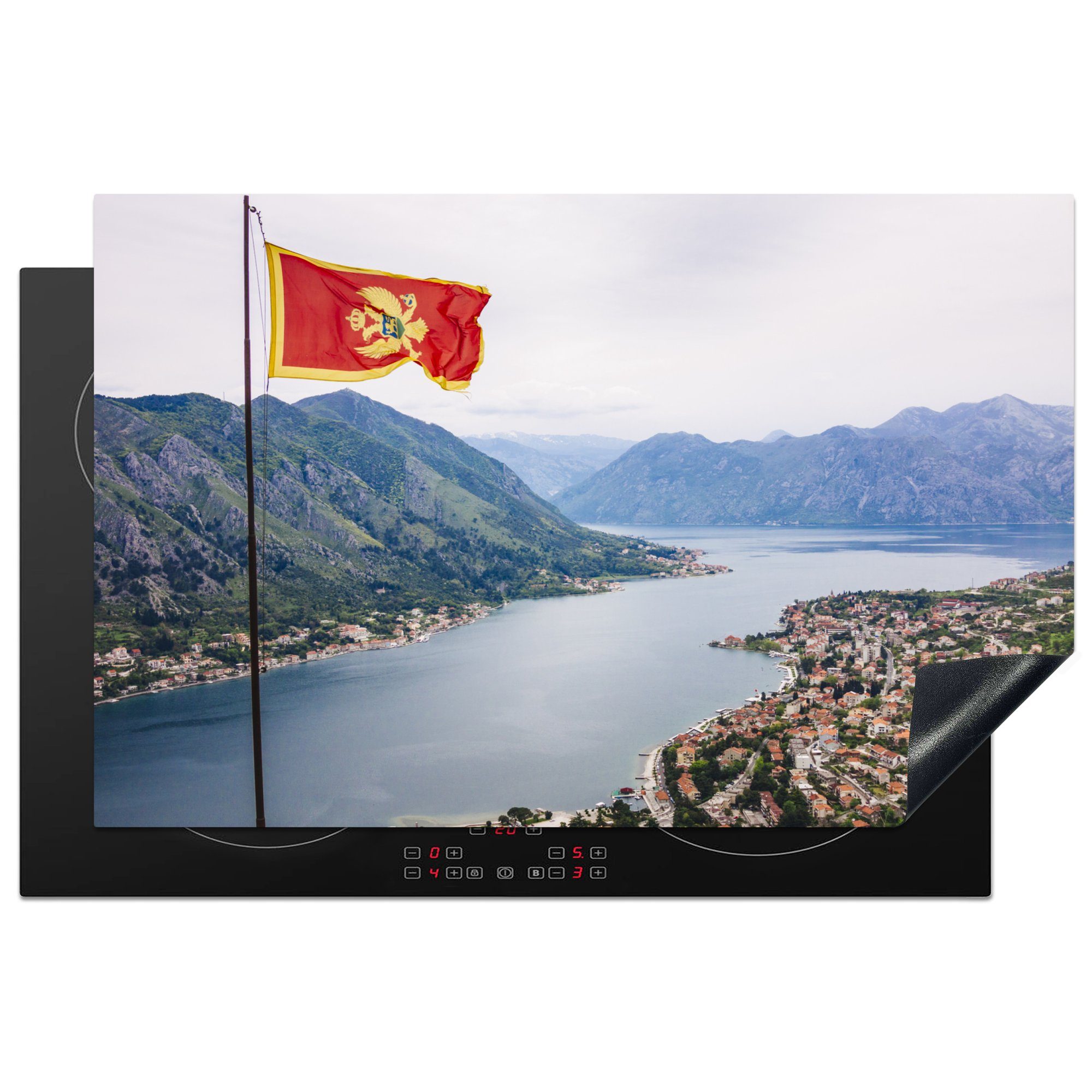 MuchoWow Herdblende-/Abdeckplatte Die Flagge von Montenegro mit Aussicht, Vinyl, (1 tlg), 81x52 cm, Induktionskochfeld Schutz für die küche, Ceranfeldabdeckung