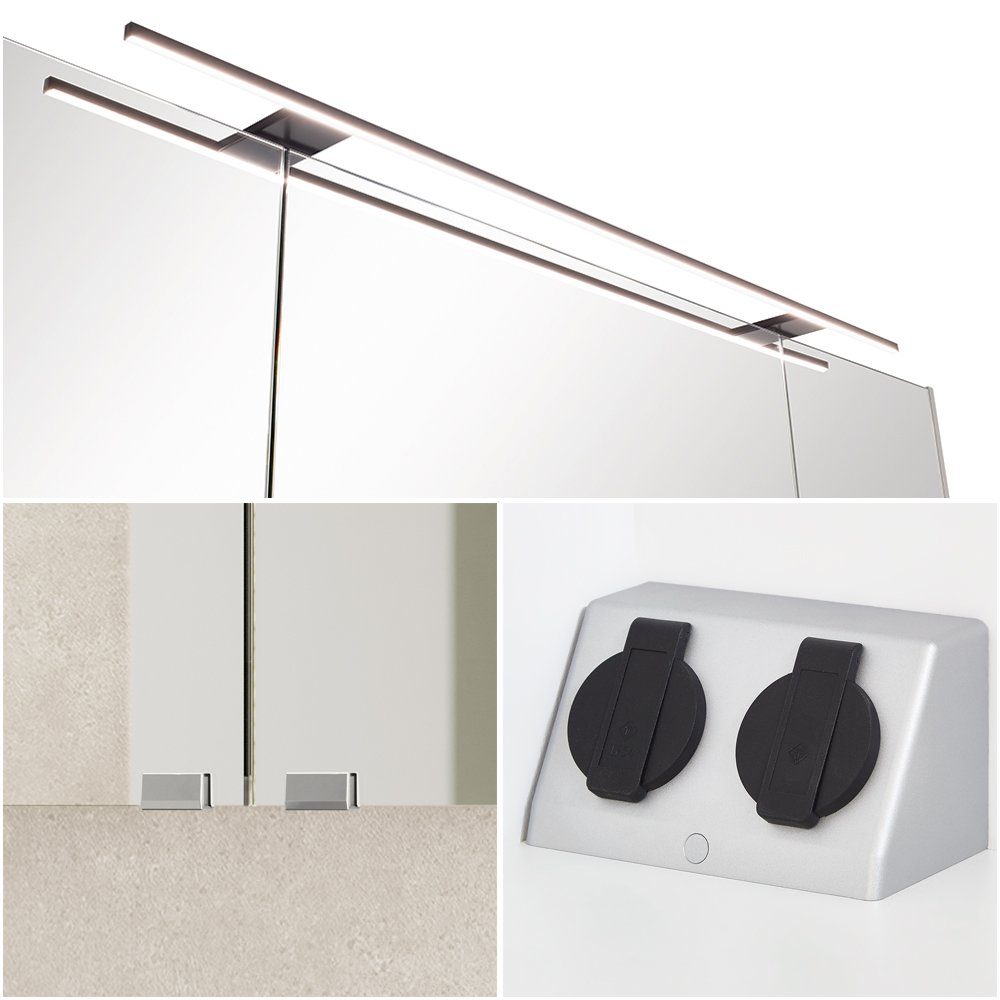 Lomadox Spiegelschrank PALERMO-136-GREY grau breit mit cm Aufsatzleuchte 100/72/21 100cm matt LED schwarz