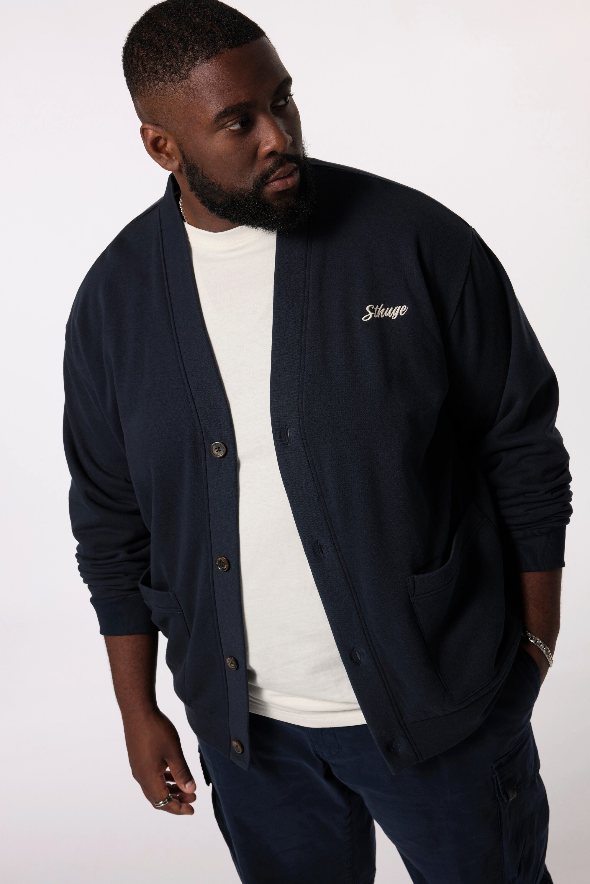 Fleecejacke Sweatjacke V-Ausschnitt Brust-Stickerei