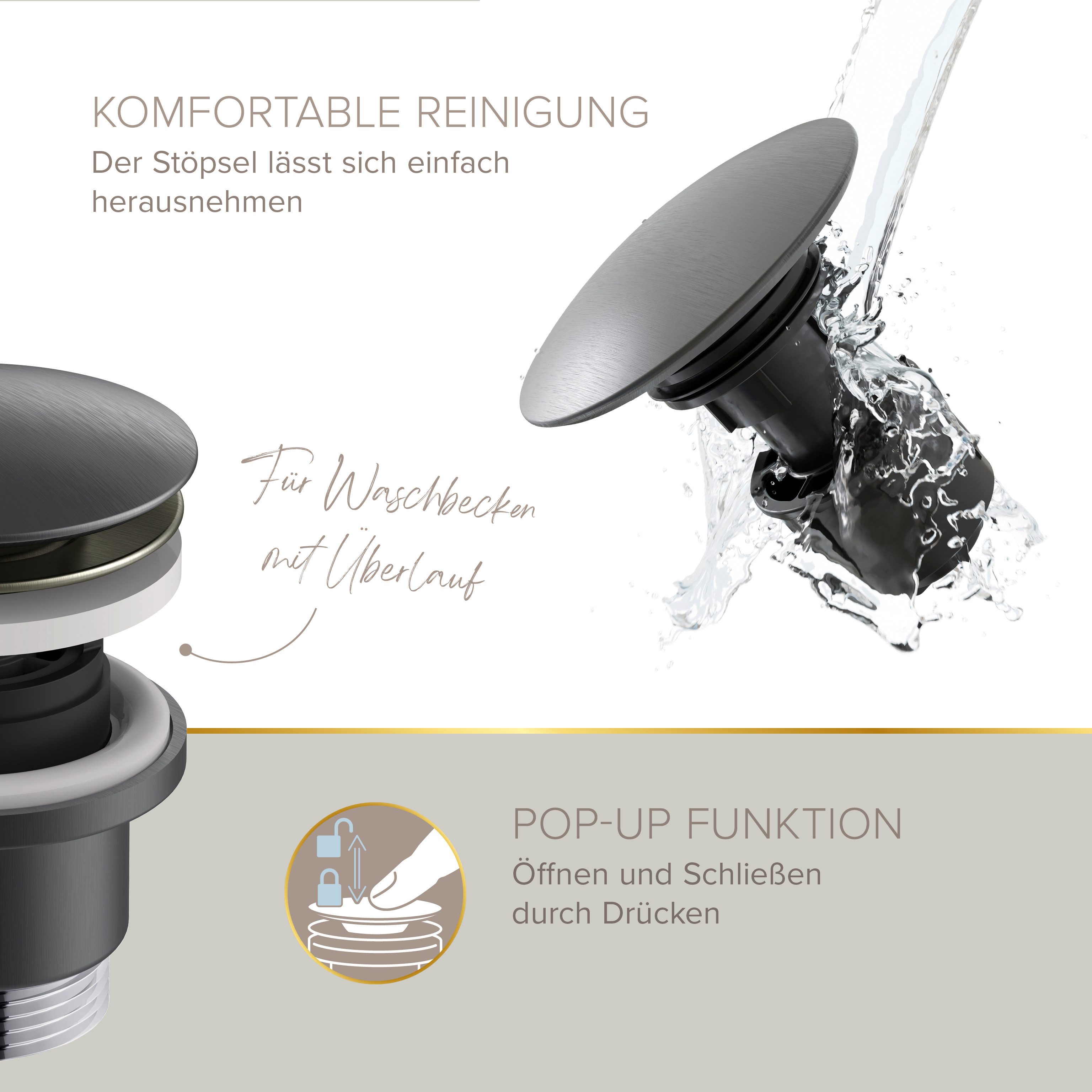 Lenz Waschtischarmatur MOANA Badarmatur mit Pop-Up-Ventil (Armatur mit Pop-Up-Ventil) Anti-Fingerabdruck Oberfläche, Easy Clean Pop-Up Ventil, Graphit – Bild 4 von 5