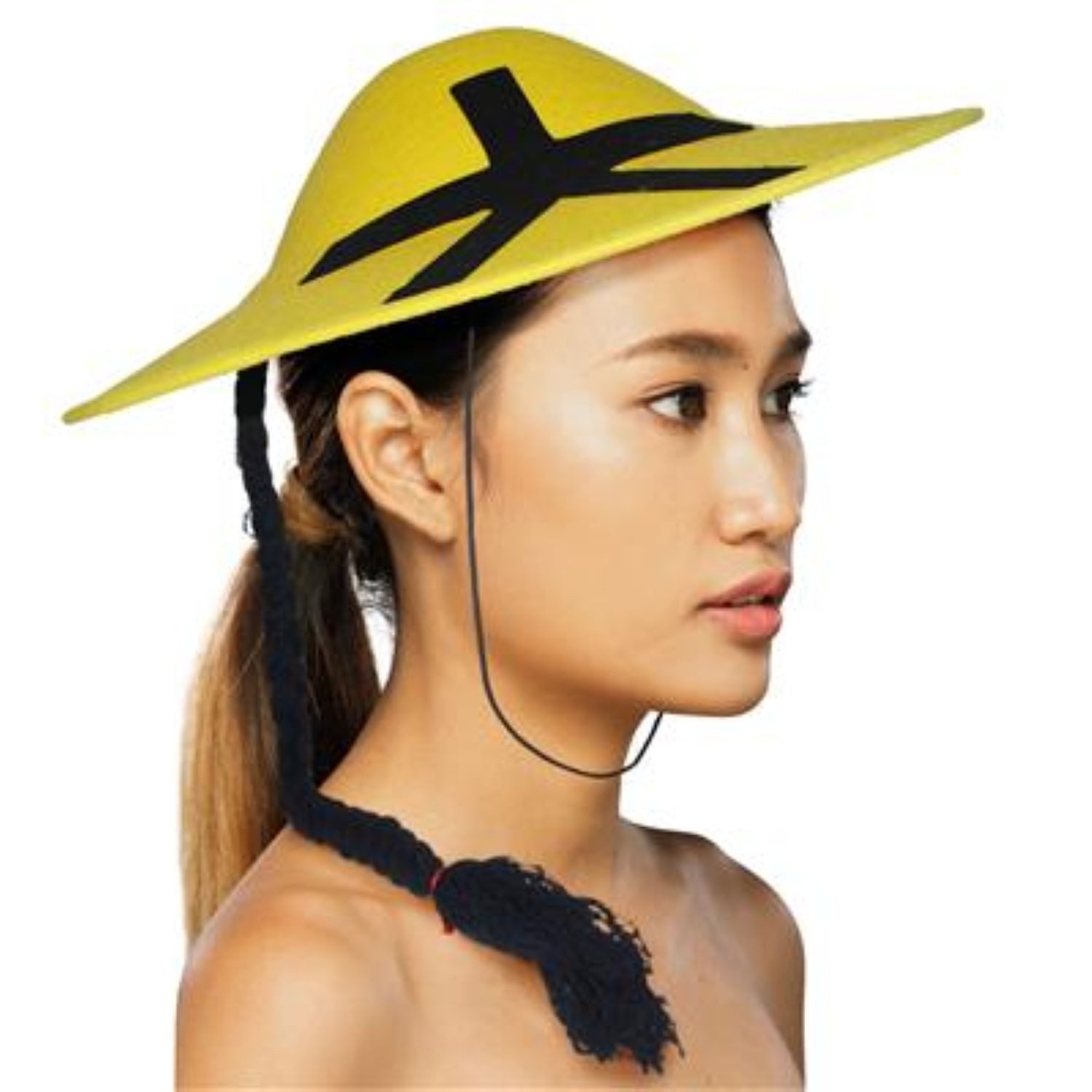 Funny Fashion Kostüm Hut China mit Zopf, Gelb 40x40x10 cm