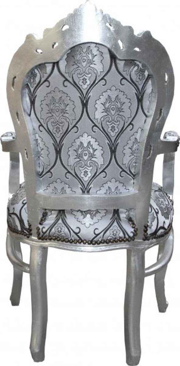 Esszimmer Stil Antik - Silber mit Armlehnen Padrino Casa Barock / Muster Esszimmerstuhl Möbel Silber-Schwarz