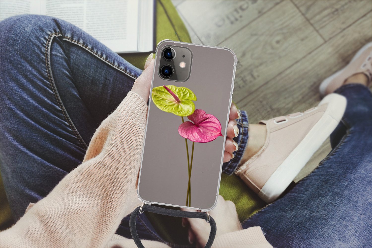 MuchoWow Handyhülle für Apple iPhone 11 Pflanzen - Anthurium - Grün - Rosa, Tragbare Handyhüllen mit Kette zum umhängen, Handykette Handyband