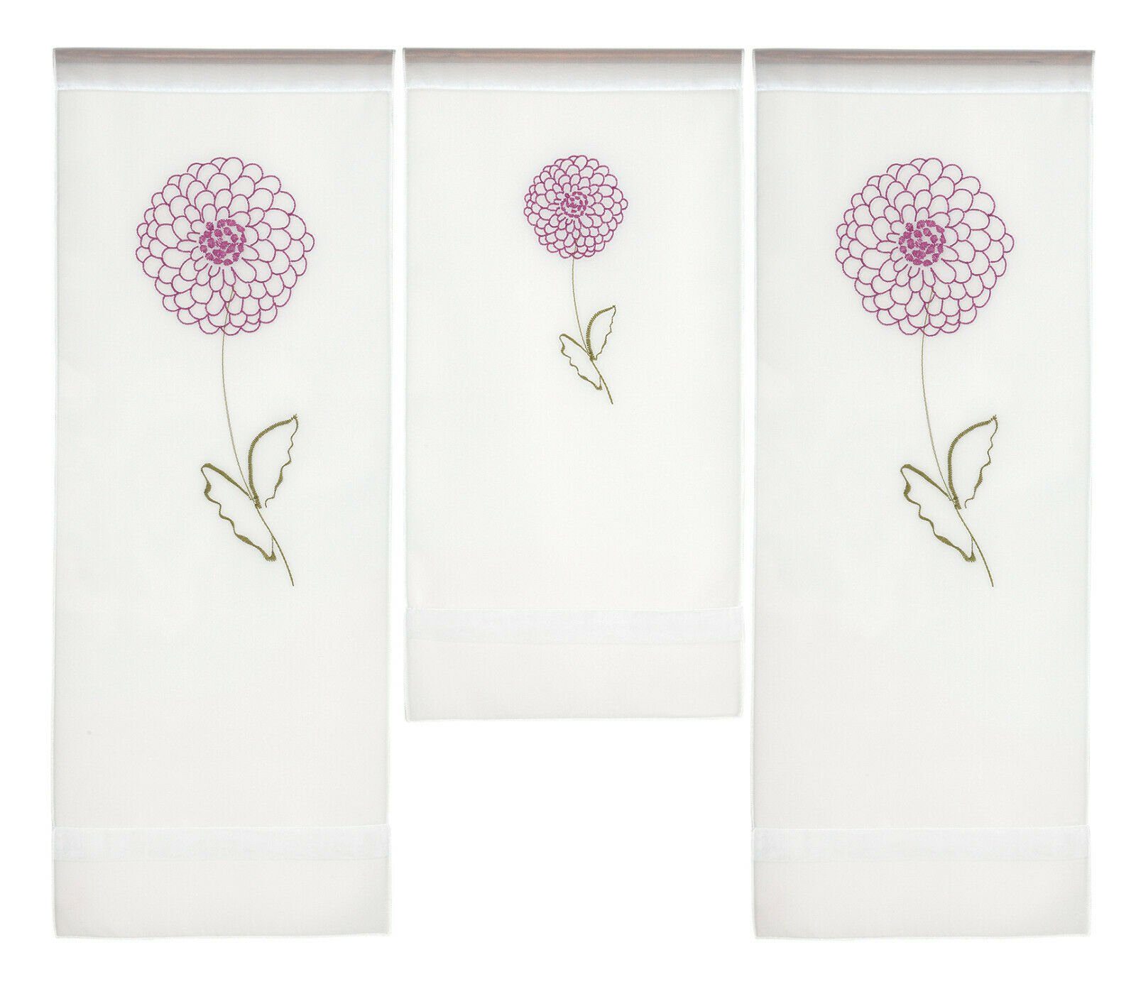 Scheibengardine Design Mini Flächenvorhang Set, Voile, bestickt mit Blumen,  3-teilig, 4043, Clever-Kauf-24, Stangendurchzug (3 St), transparent
