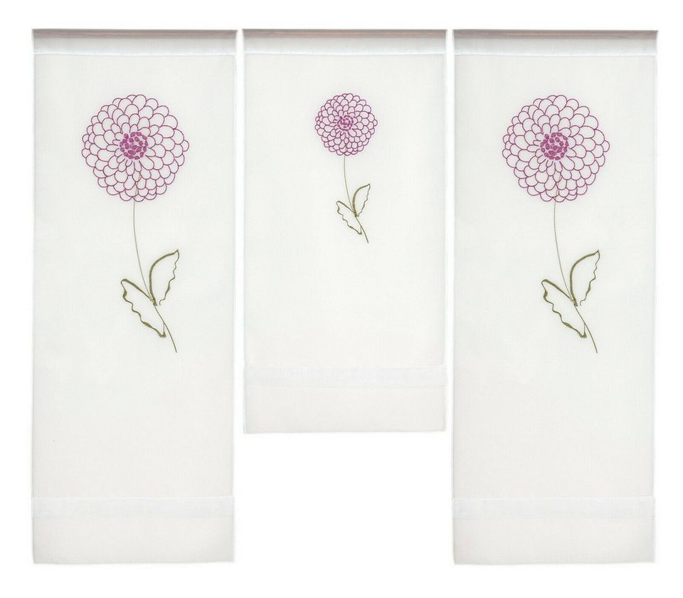 Scheibengardine Design Mini Flächenvorhang Set, Voile, bestickt mit Blumen,  3-teilig, 4043, Clever-Kauf-24, Stangendurchzug (3 St), transparent