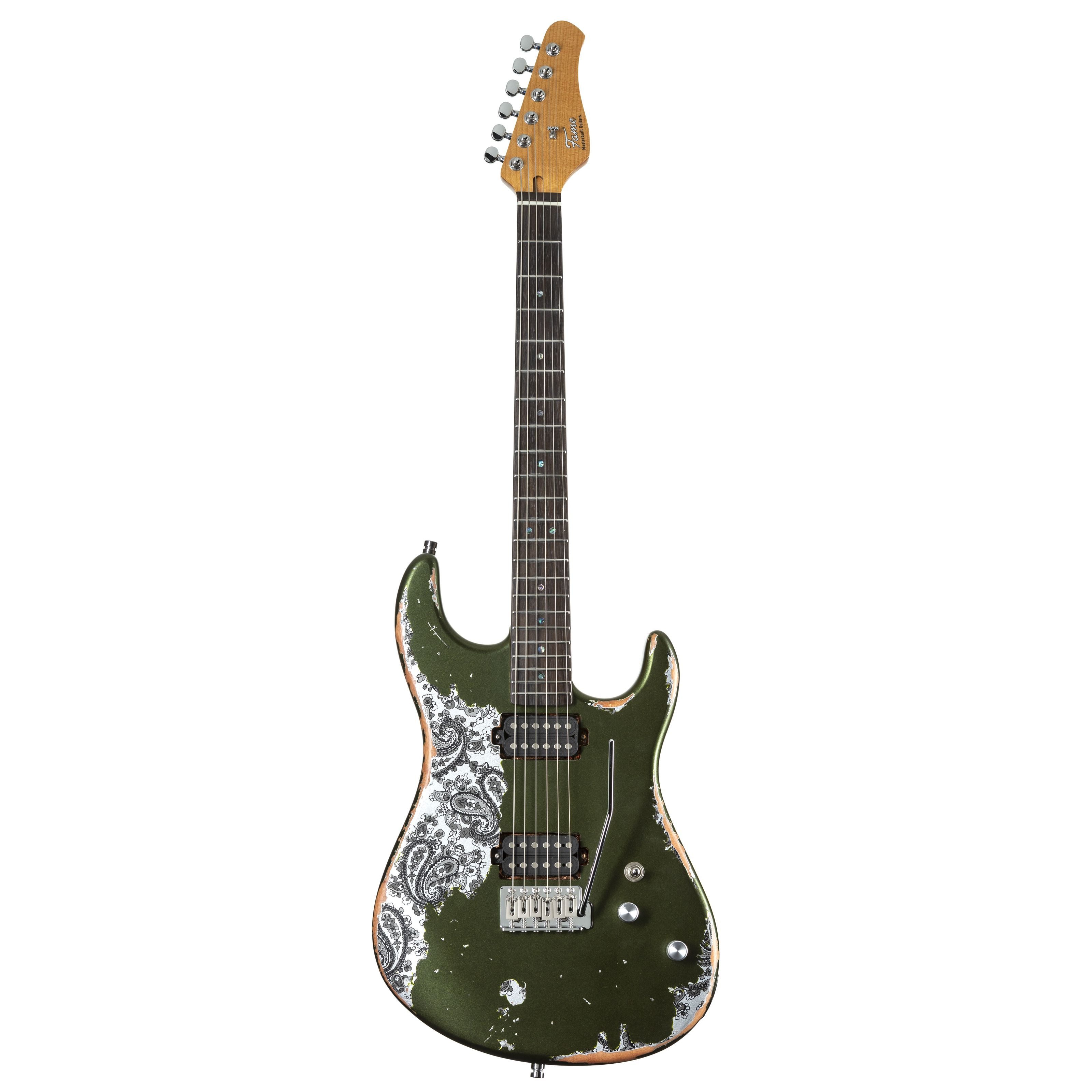 FAME E-Gitarre, E-Gitarren, ST-Modelle, Custom ST RW Worn Olive over Paisley - E-Gitarre