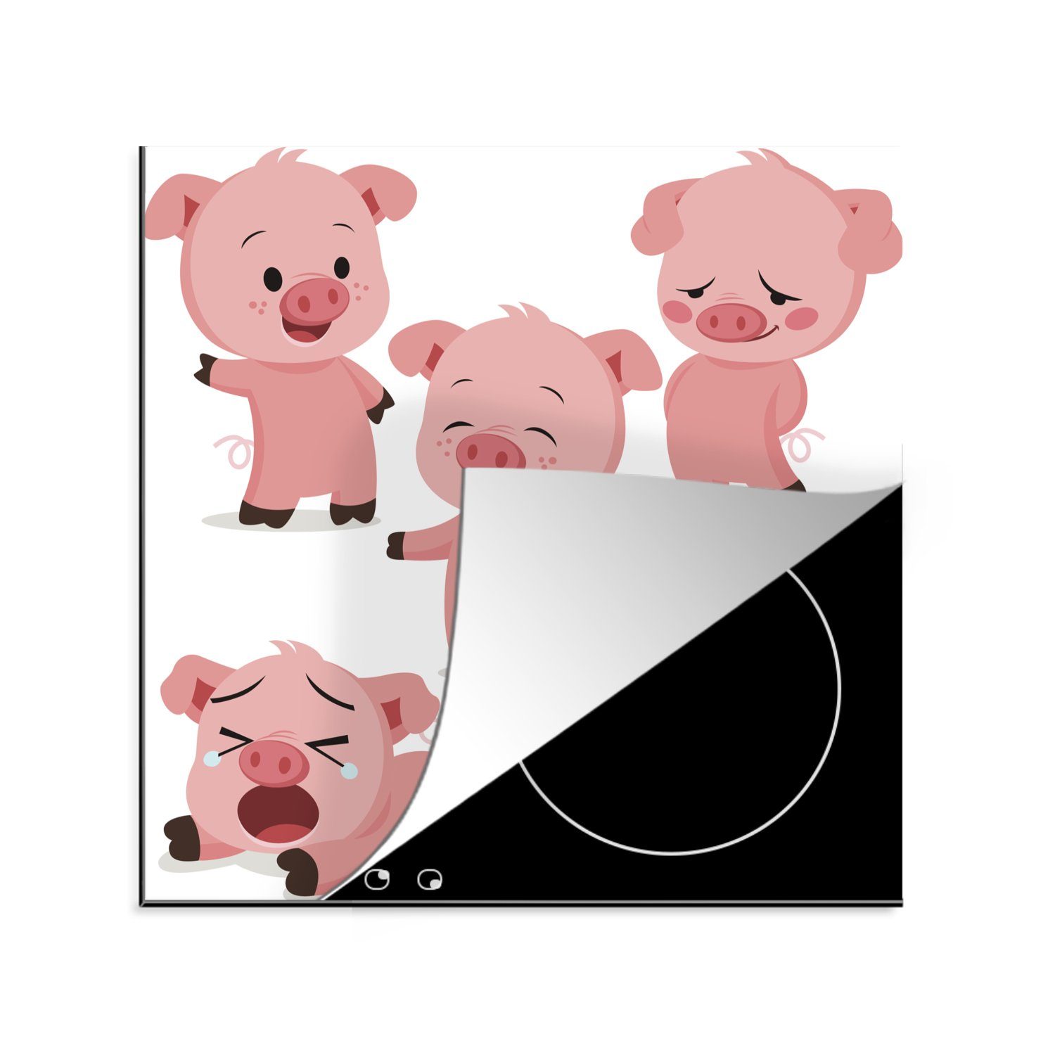 MuchoWow Herdblende-/Abdeckplatte Schweine - Gefühle - Cartoon, Vinyl, (1 tlg), 78x78 cm, Ceranfeldabdeckung, Arbeitsplatte für küche