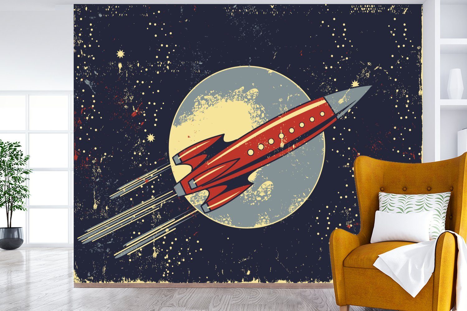 MuchoWow Tapete Weltraum, - für Wohnzimmer, St), Rakete Matt, - Fototapete Montagefertig Vinyl Mond Jahrgang bedruckt, (5 Wandtapete -