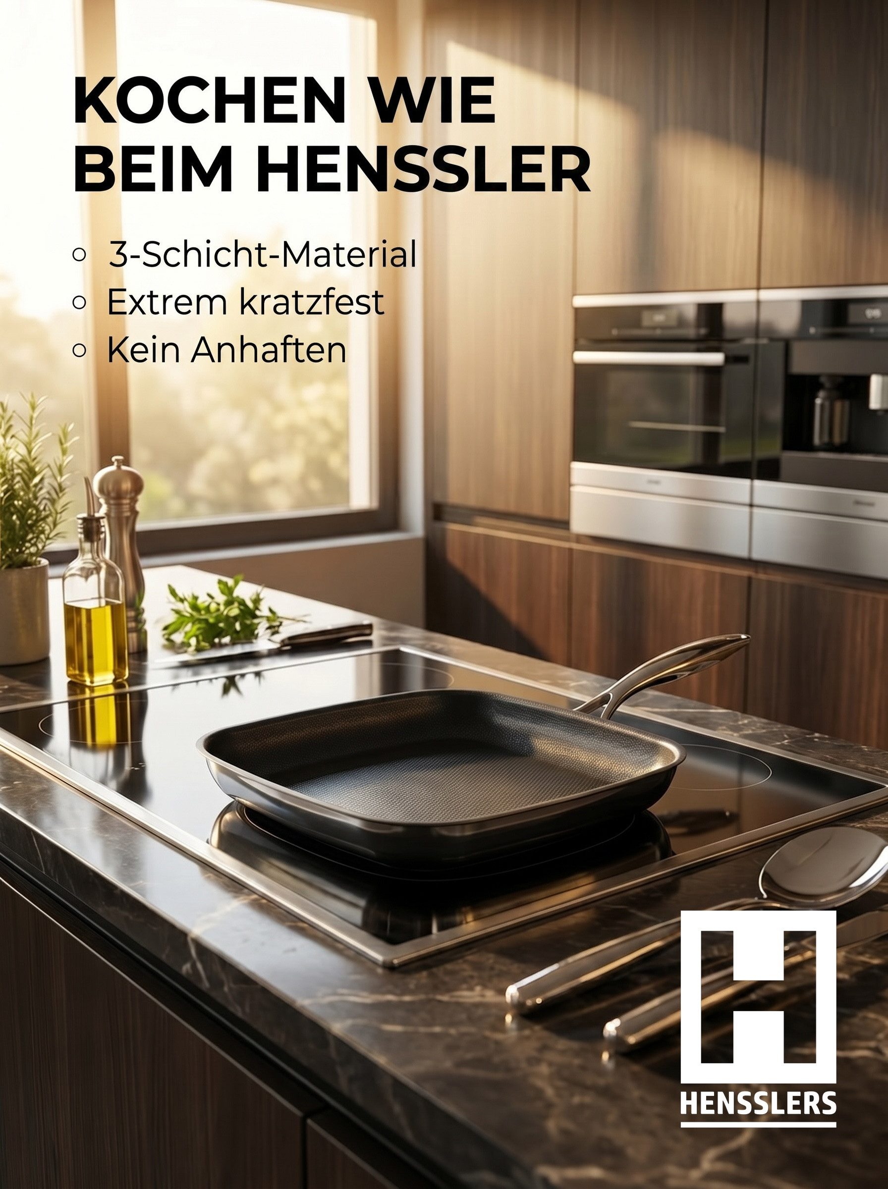HENSSLERS Bratpfanne Premium, aus Edelstahl, Eckpfanne mit Wabenstruktur, 28 cm, Edelstahl 18/10 (1-tlg)