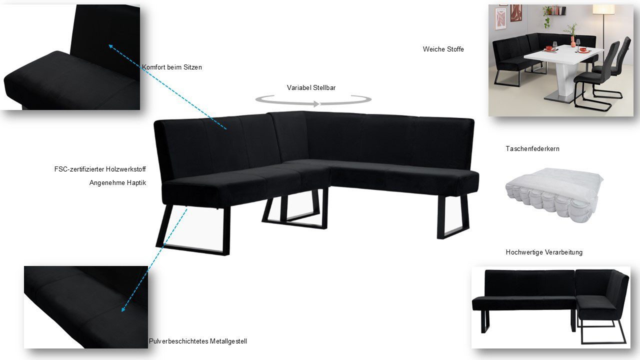 OTTO home Eckbank Gladiole, (Sitzbank, Esszimmerbank, Bank), mit Taschenfederkern, schwarzes Metallgestell, Breite 190 cm