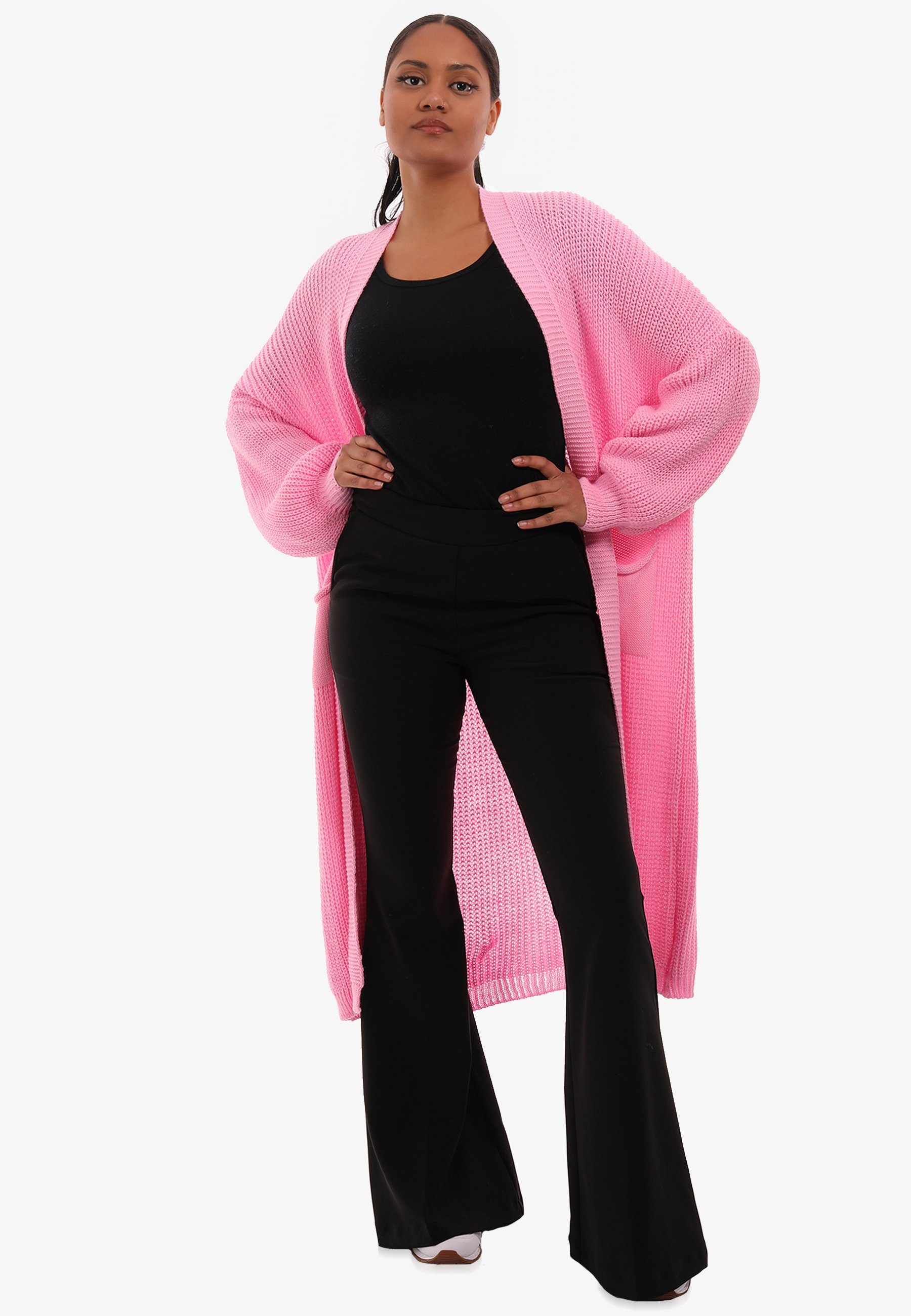 Cardigan Unifarbe, aufgesetzten Basic in Strickjacke Taschen Verschlusslos rosa YC Fashion mit & Cardigan Style