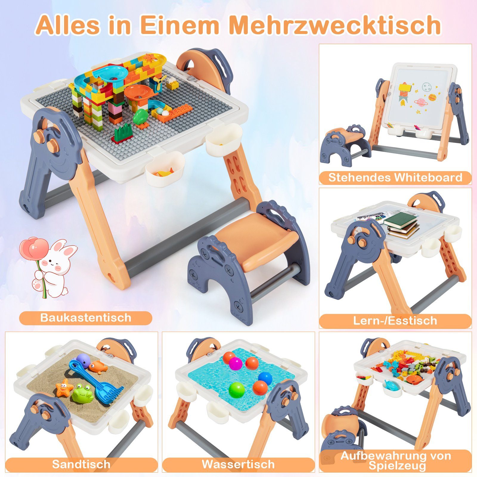 COSTWAY Standtafel, 6 in 1 Spieltisch mit Stuhl & 4 Körben günstig online kaufen