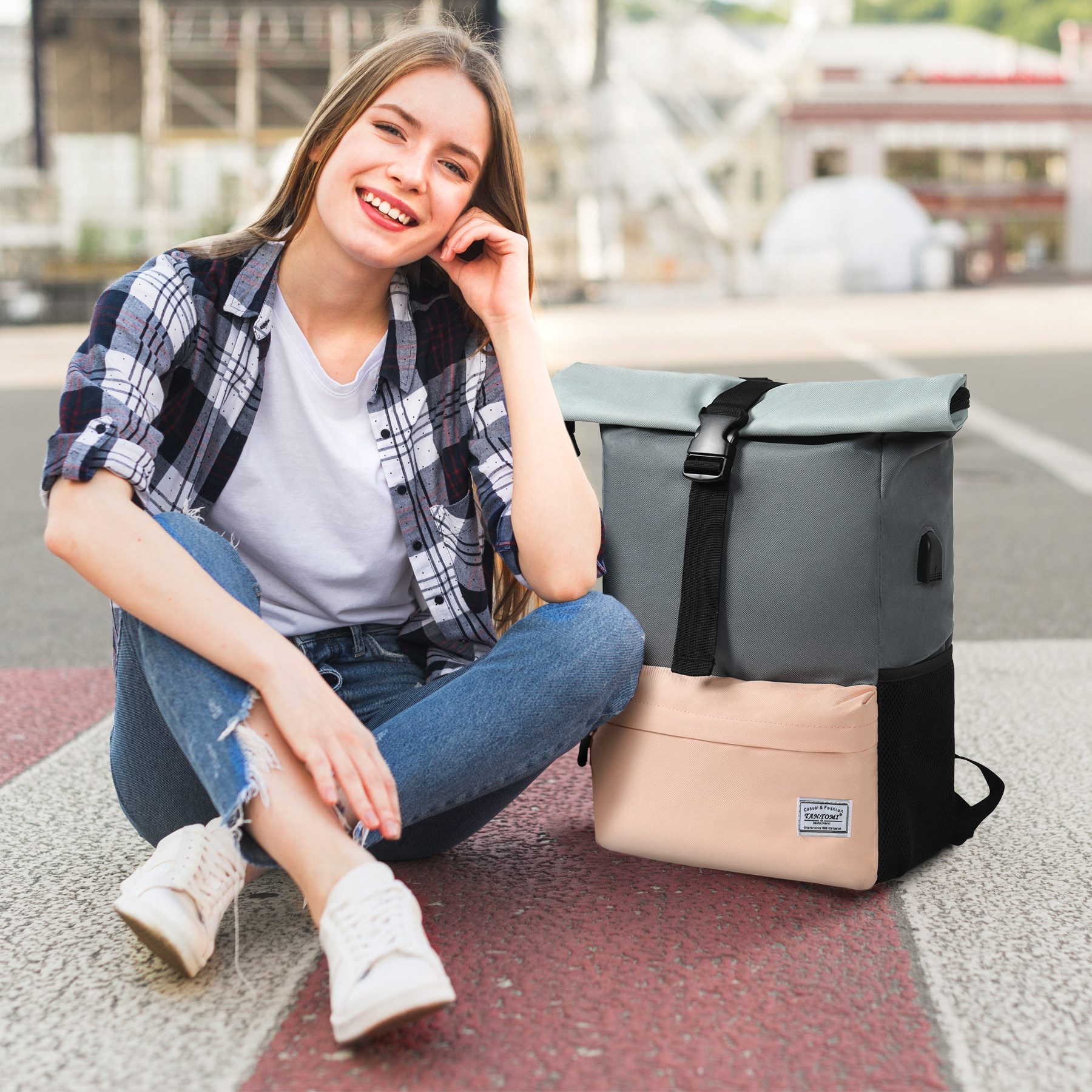 TAN.TOMI Cityrucksack Arbeitsrucksack Groß Unisex Tagesrucksäcke Rolltop Rucksack (Freizeitrucksack viele Fächer mit 15,6" Laptopfach/USB-Anschluss), Reiserucksack Lässiger Backpack Schule Freizeit Uni Arbeit Wandern
