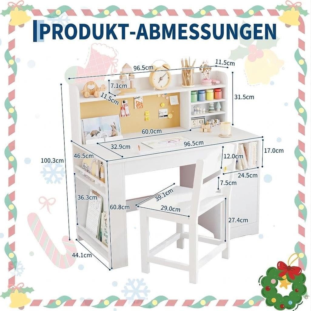GarveeMore Kinderschreibtisch -Set mit Stuhl und Stauraum,Aufsatz,neigbarer Rückenlehne, Holztisch mit Aufbewahrungsschrank für Kinder von 3-8 Jahren