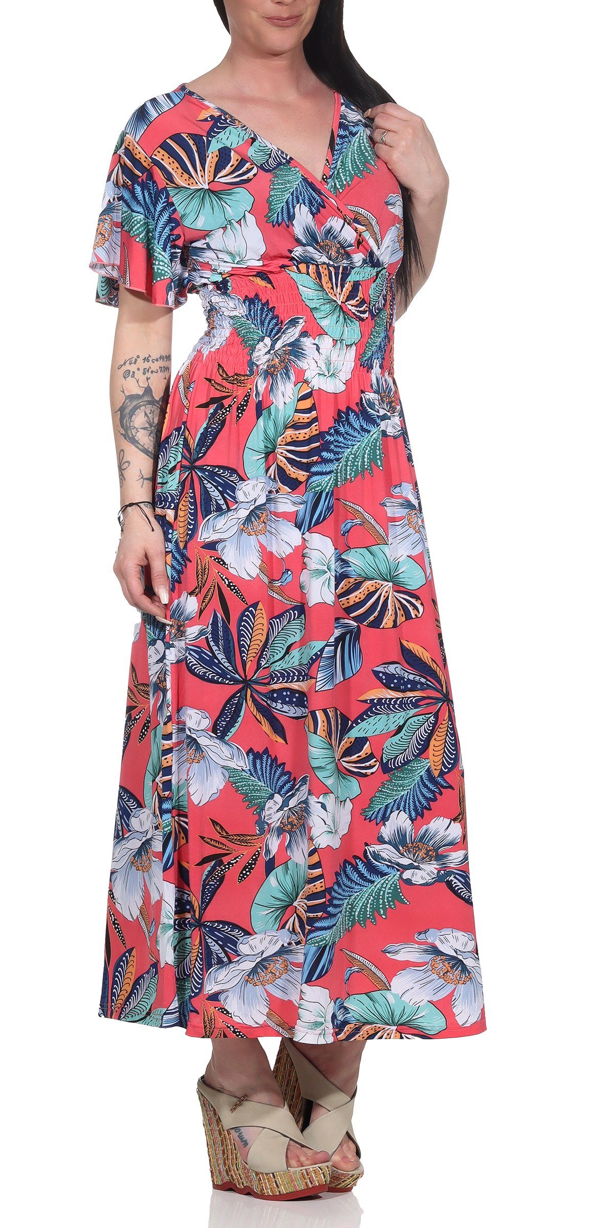 Aurela Damenmode Sommerkleid »Lange Kleider für Damen luftig & leichte Sommerkleider  langes Strandkleid« mit Blumendruck, Raffung in der Taille, Gesamtlänge:  132 - 135cm online kaufen | OTTO