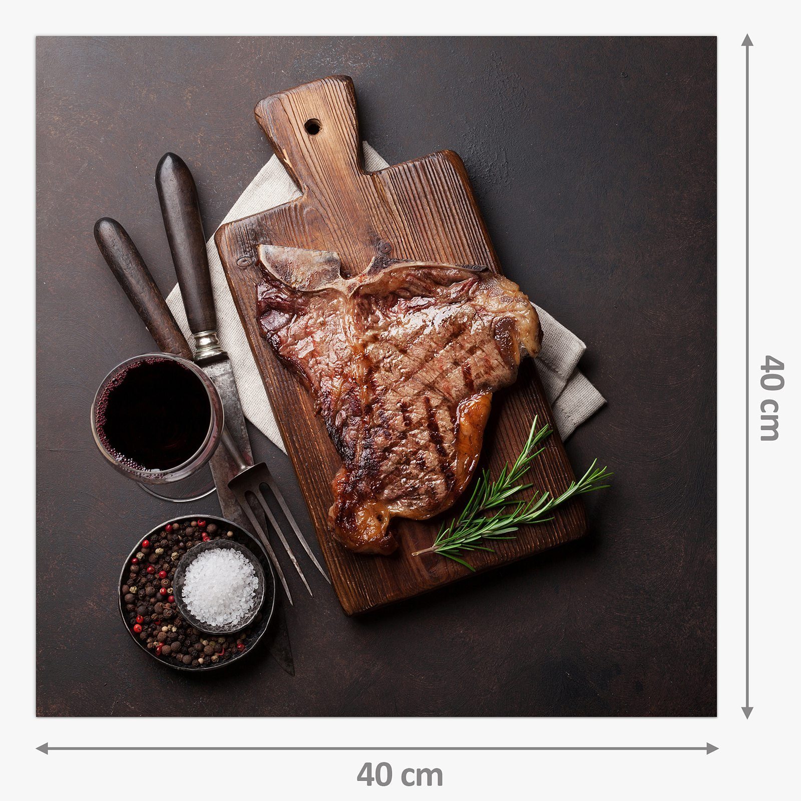 Primedeco Küchenrückwand Küchenrückwand Steak Spritzschutz Holzplatte mit Glas T-Bone Motiv auf