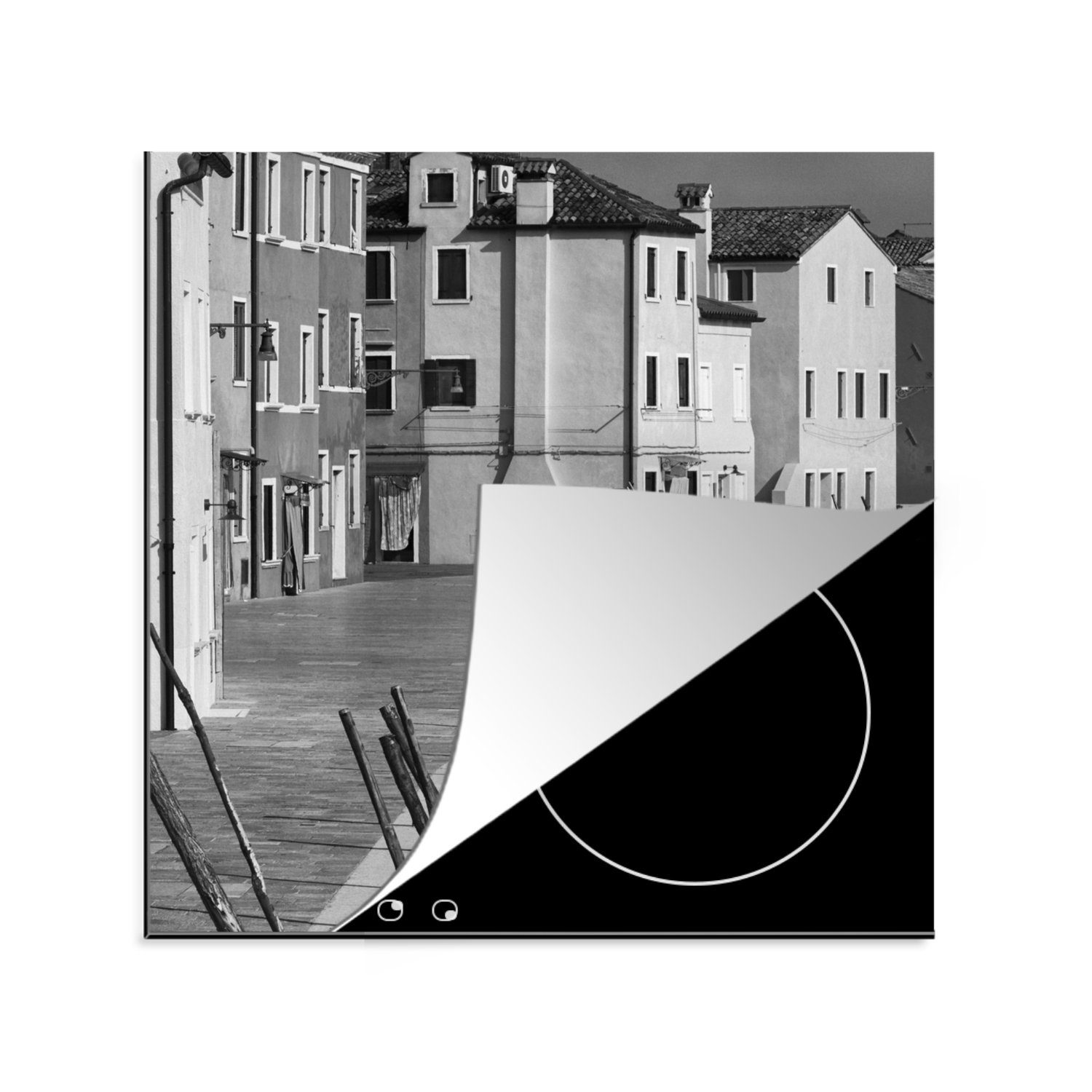 MuchoWow Herdblende-/Abdeckplatte Italien - Boote - Schwarz - Weiß, Vinyl, (1 tlg), 78x78 cm, Ceranfeldabdeckung, Arbeitsplatte für küche