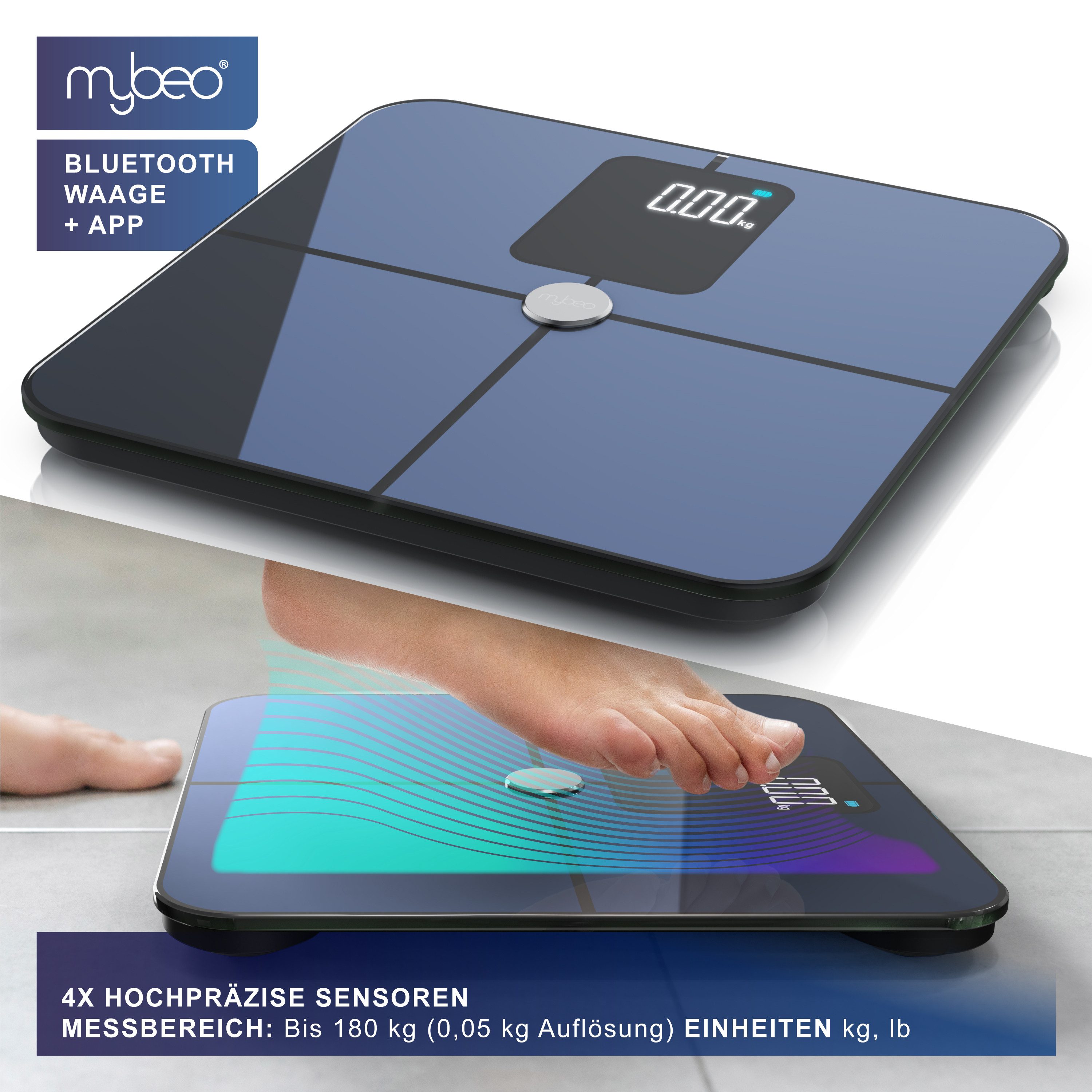 MyBeo Körper-Analyse-Waage Digitale Bluetooth Diagnosewaage mit App-Steuerung, Körperfettwaage, 1-tlg., Full Body Scan, BMI, Körperfett, Wasser & Muskelanteil, bis zu 180 kg
