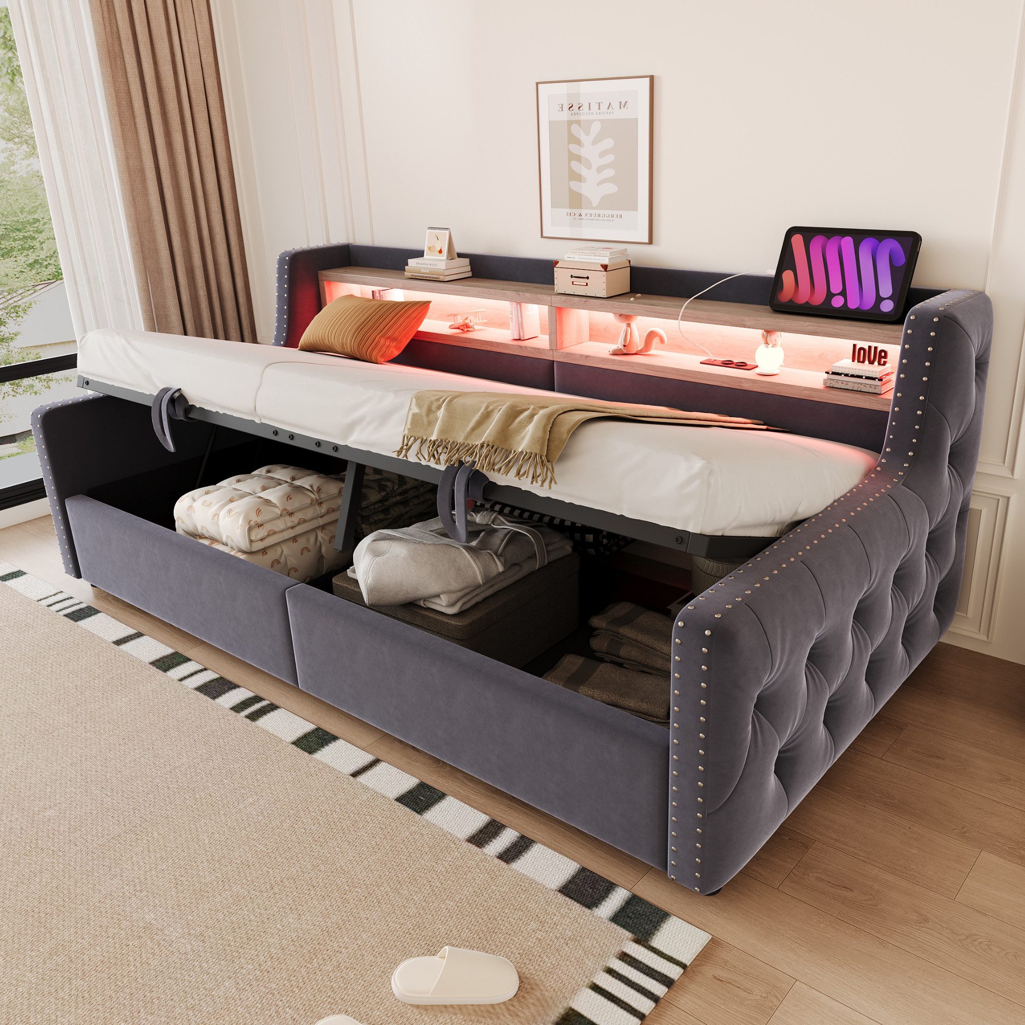 Odikalo Schlafsofa Schlafcouch 90x200 mit Bettkasten & LED, Polsterbett Schlafsofa 90x200 cm, Hydraulischem Stauraum, Weicher, Dicker Rückenlehne und Armlehnen, Mit LED-Beleuchtung, Ablagefach, Steckdose und Ladeanschluss, Komplett mit Lattenrost, Dunkelgrau / Hellgrau / Beige