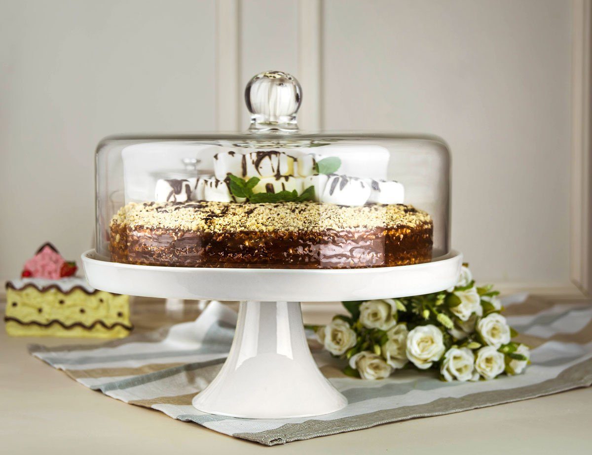 Sendez Tortenplatte Glasglocke Kuchenglocke Käseglocke Fuß aus Porzellan Kuchenplatte