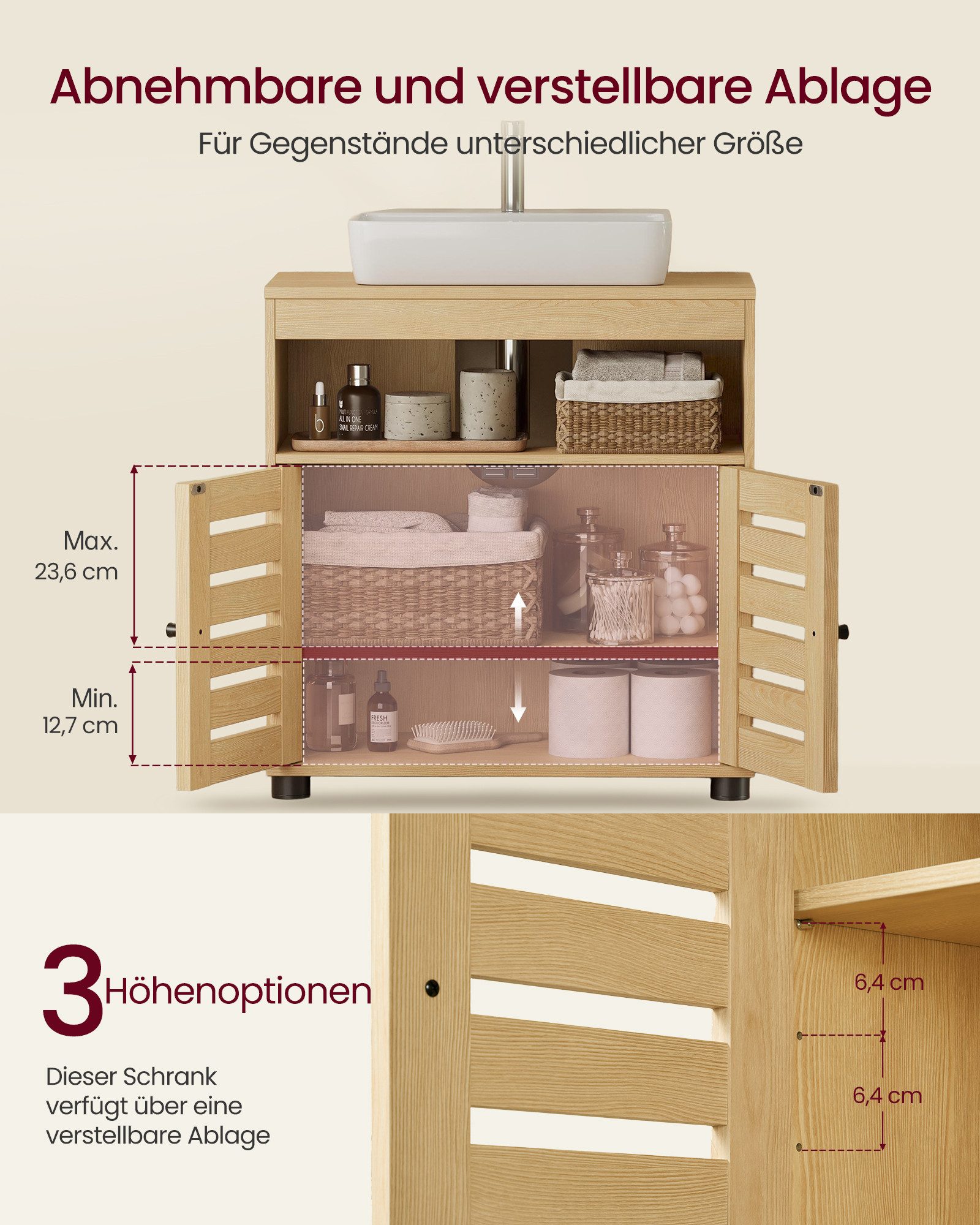 VASAGLE Waschbeckenunterschrank Badezimmerschrank Aufbewahrungsschrank Breite 60cm, mit 2 Lamellentüren, verstellbares Brett – Bild 4 von 5