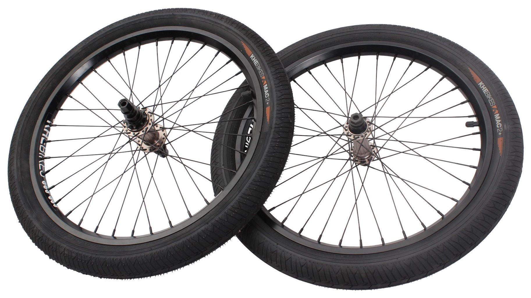 KHEbikes Fahrrad-Laufrad KHE Specter BMX Laufradsatz 20 Zoll inkl. MAC2+ Reifen 9T Schwarz (4 St., Komplettes Vor- und Hinterrad Set, mit Reifen), Geschweißte Doppelkammerfelgen, Butted Speichen, Female Vorderradnabe
