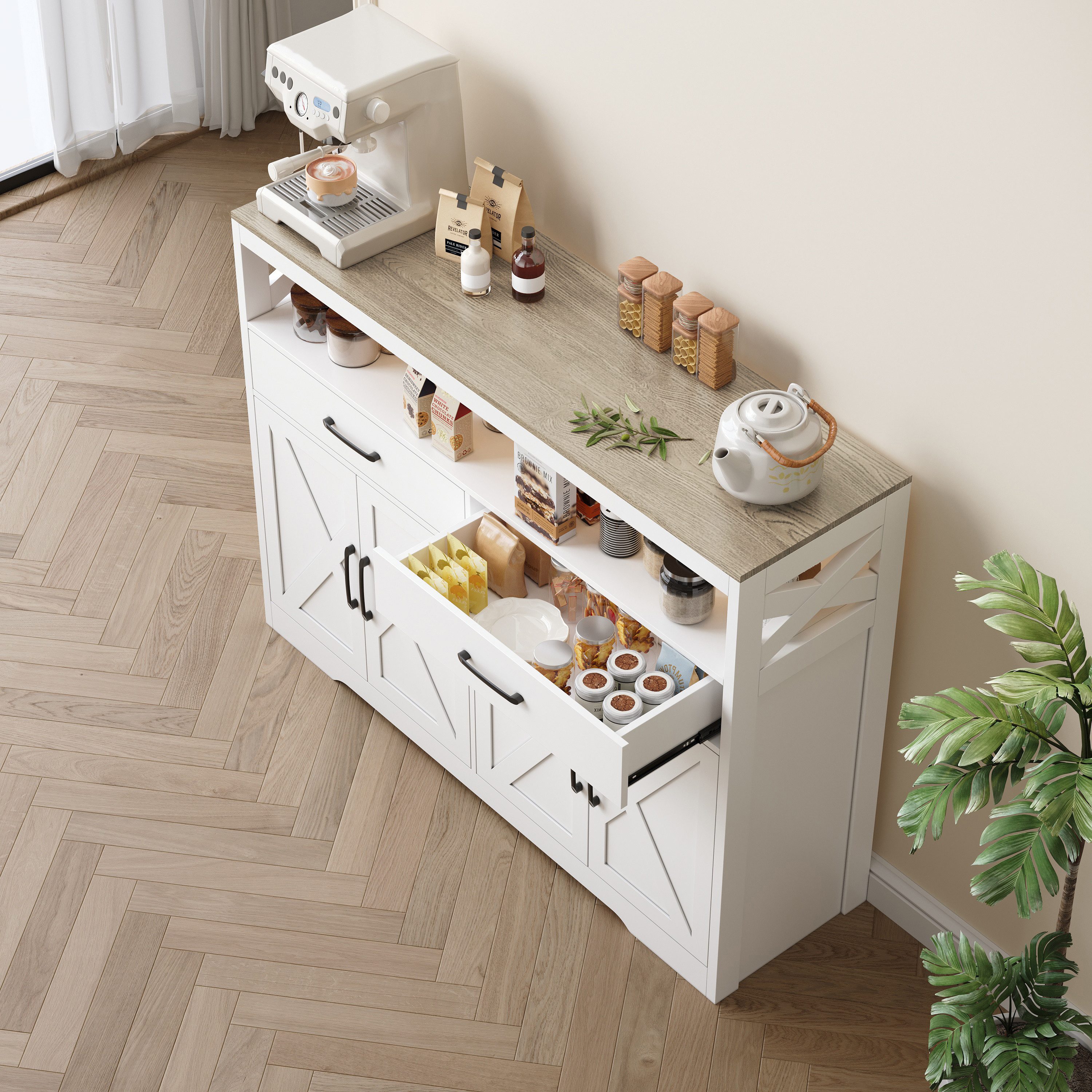 FUROKOY Sideboard Holz Küchenschrank Kommode Aufbewahrungsschrank, Weiß Buffetschrank 2 Schubladen 4 Türen 140x40x105cm – Bild 5 von 5