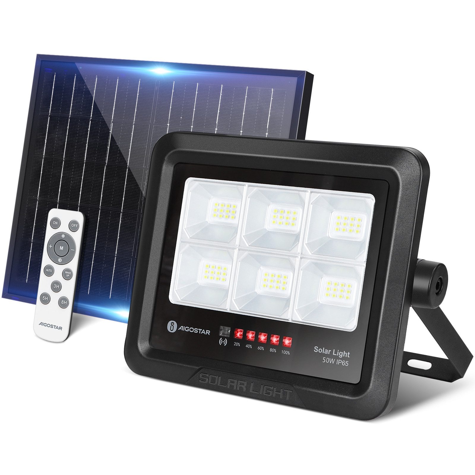 Aigostar Flutlichtstrahler Solarstrahler Außen Mit Fernbedienung LED Strahler Außen Solar, IP65, LED fest integriert, Tageslichtweiß