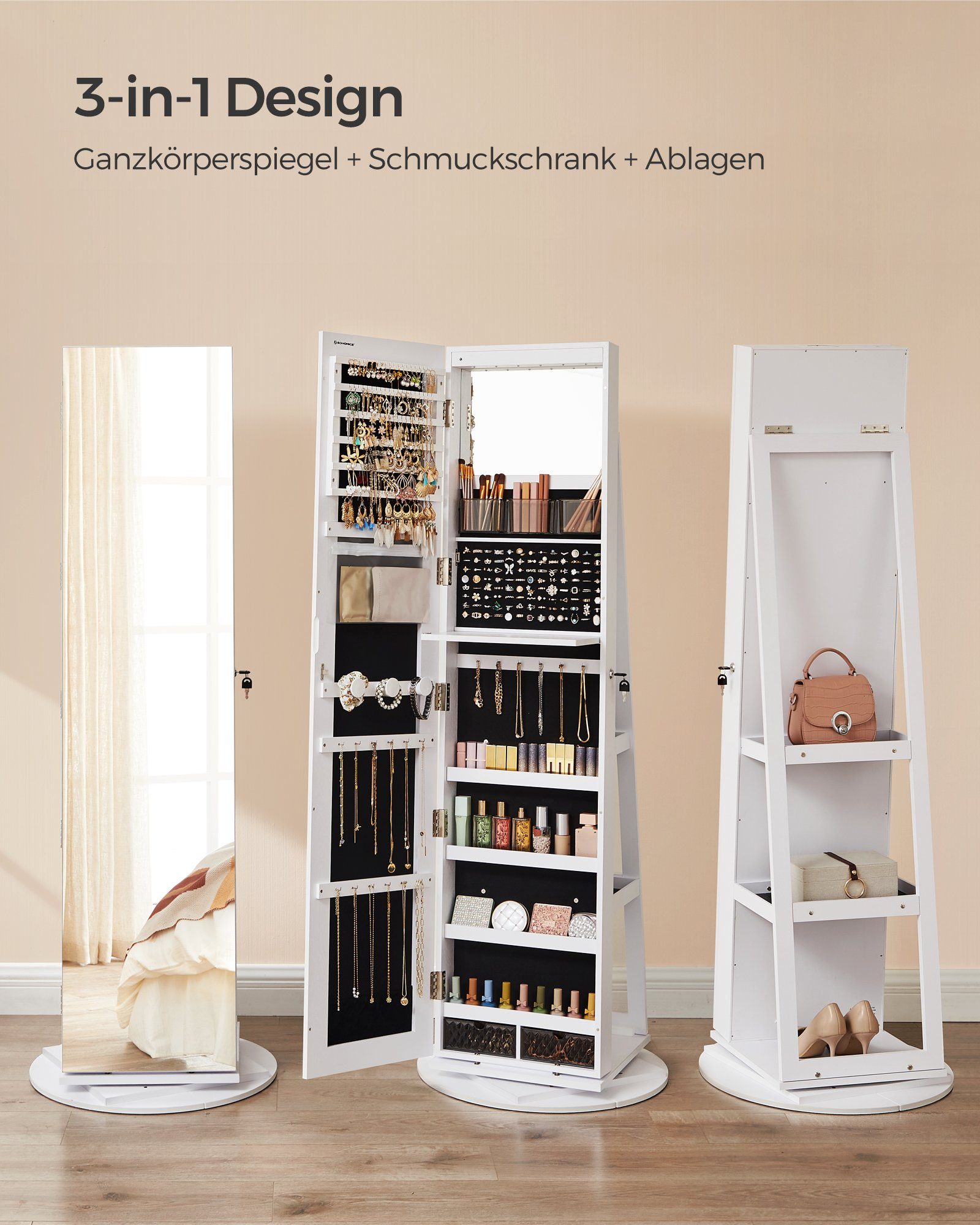 SONGMICS Schmuckschrank Spiegelschrank abschließbar, 3 Ablagen 360° drehbar, mit rahmenlosem Ganzkörperspiegel, Oberfläche – Bild 4 von 5