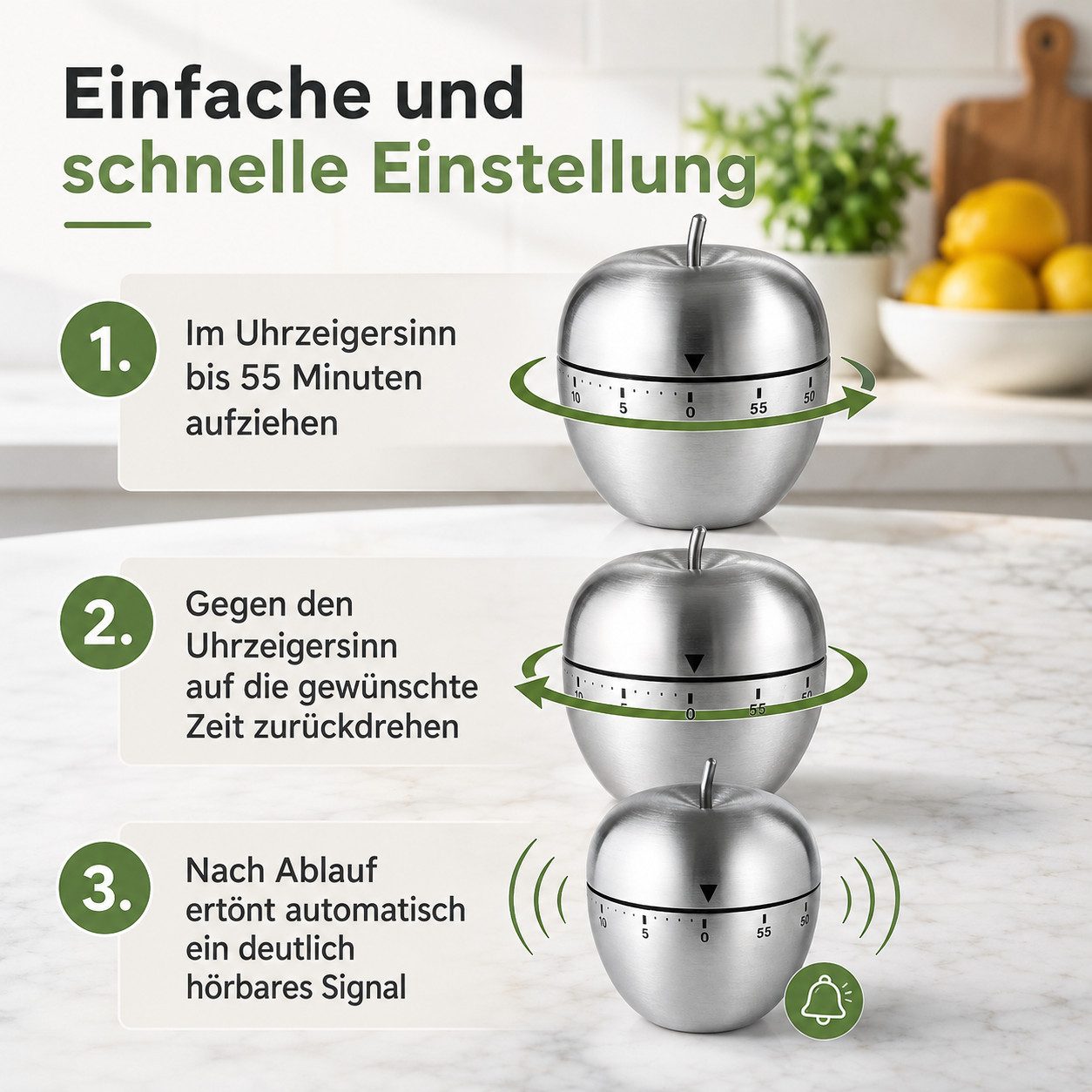 Fyrove Intervall-Timer Mechanische batterielose Edelstahl 60 Min Timer Küche Werkzeug (Set, mechanische Rotation, keine Batterie erforderlich), Timer, Küchentim – Bild 4 von 5