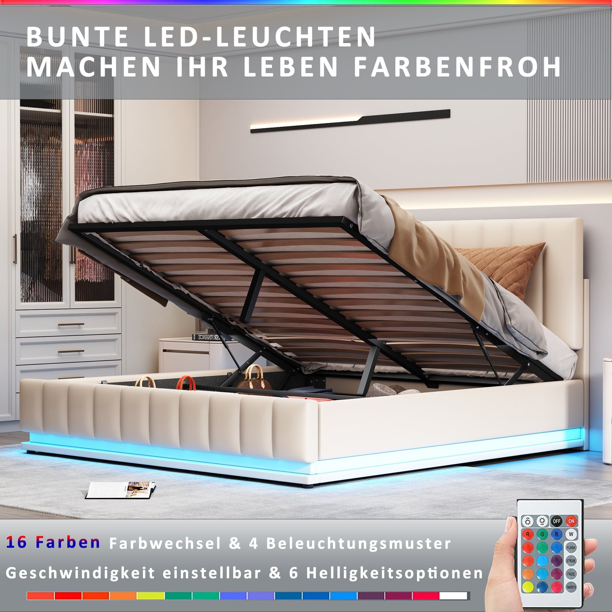 Doppelbett 200 Polsterkopfteil, Hydraulisches LED, Stauraumbett cm Polsterbett Ulife Metalllattenrost, x 160 mit cm