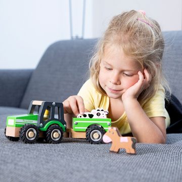 New Classic Toys® Spielzeug-Traktor Traktor aus Holz mit Anhänger und Tieren einer Kuh und einem Pferd