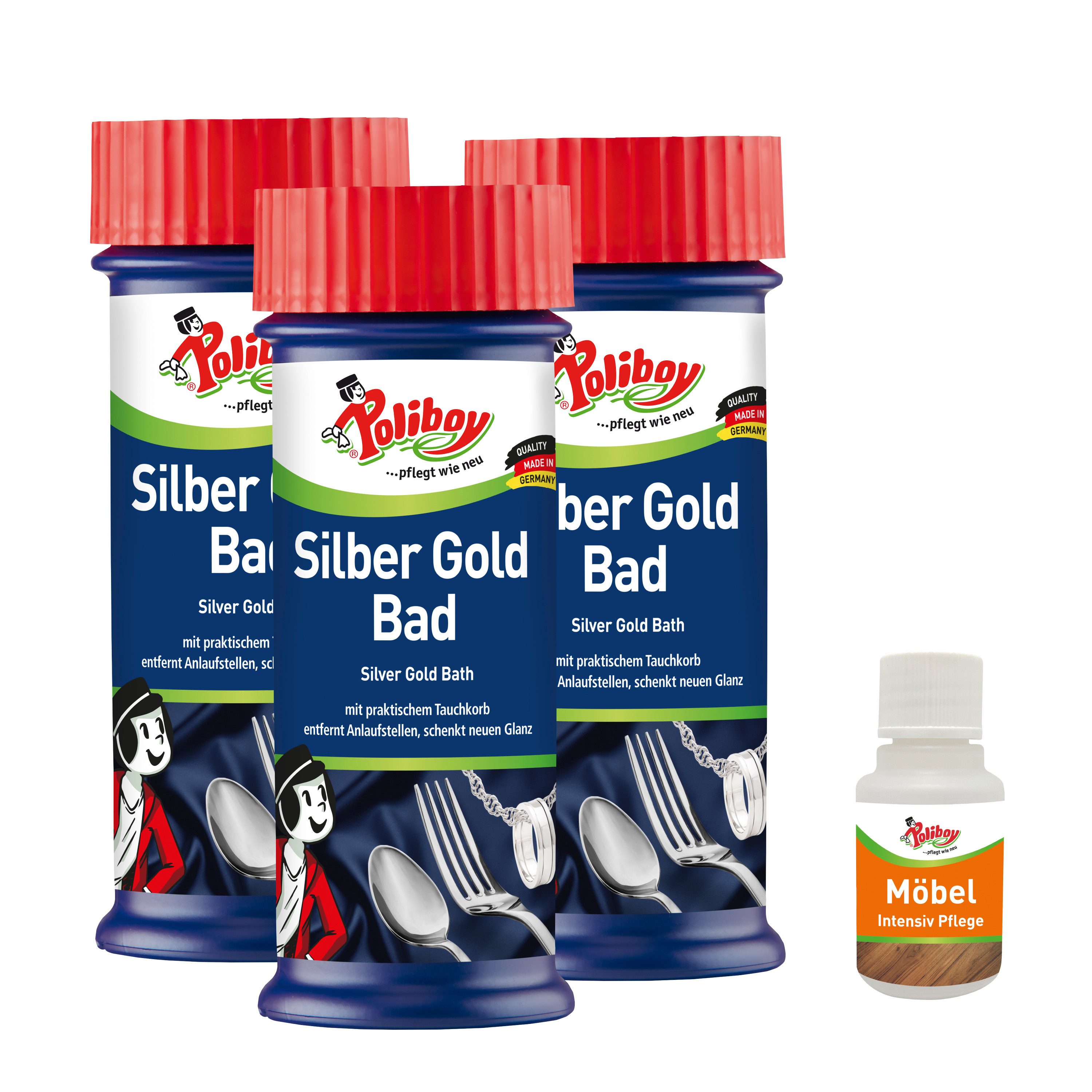poliboy 99A4201, Silber Gold Bad - 3x375 ml - mit Möbel Probe Schmuckreiniger (verleiht neuen Hochglanz und reinigt selbstständig - Made in Germany)