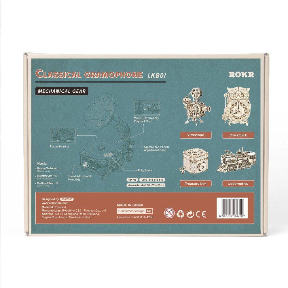 424 Robotime Gramophone, Classical Puzzleteile ROKR 3D-Puzzle