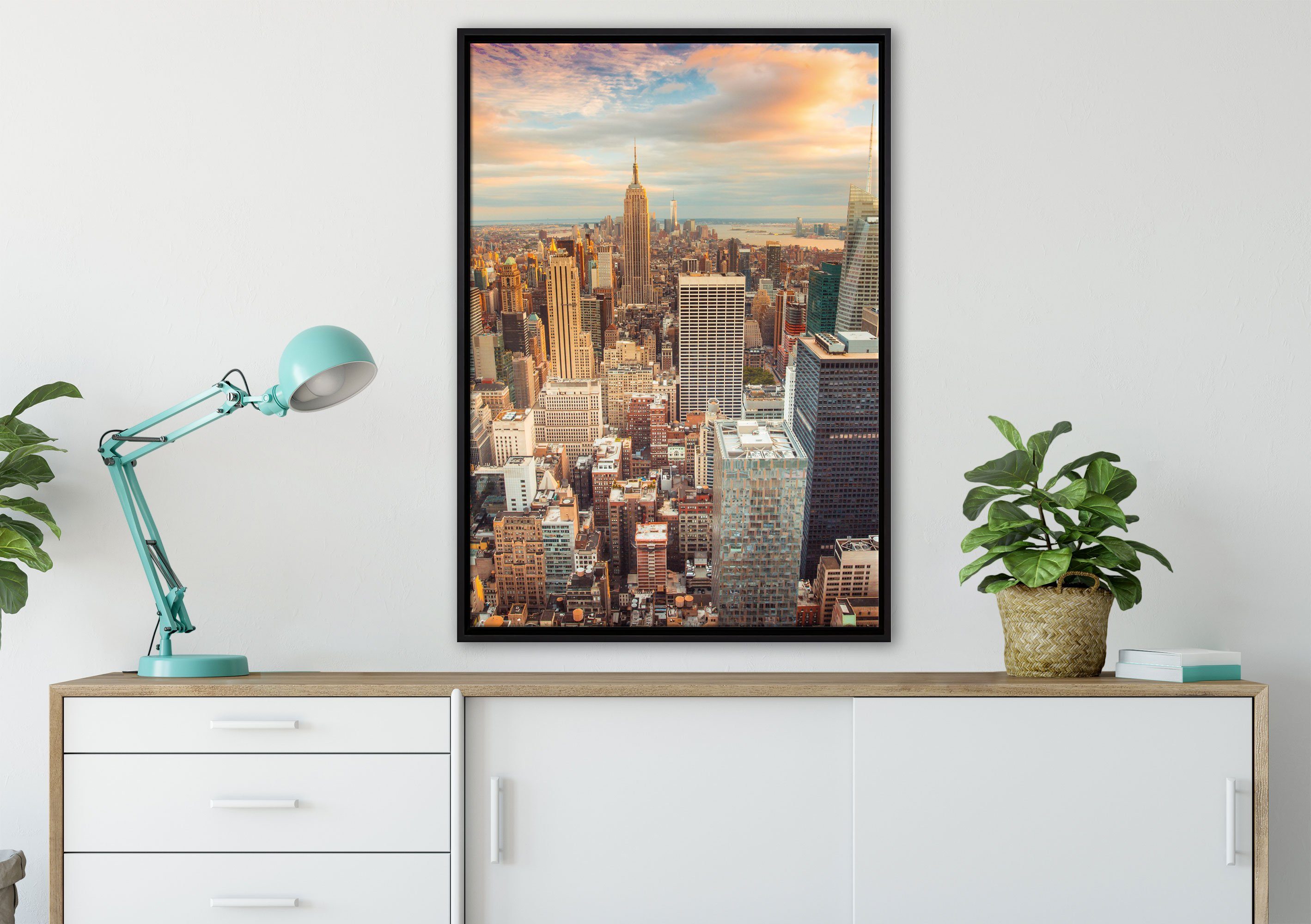 Zackenaufhänger einem (1 St), Wanddekoration in Skyline von inkl. fertig Schattenfugen-Bilderrahmen Pixxprint Leinwandbild gefasst, New York, bespannt, Leinwandbild