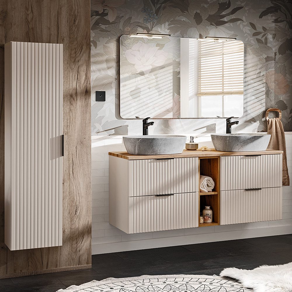 Lomadox Badmöbel-Set ADELAIDE-56-CASHMERE, (Spar-Set, 3-St., Hochschrank Doppelwaschtisch Spiegel Keramikwaschbecken LED), 140cm Waschtisch mit Aufsatzwaschbecken, kaschmir und Eiche