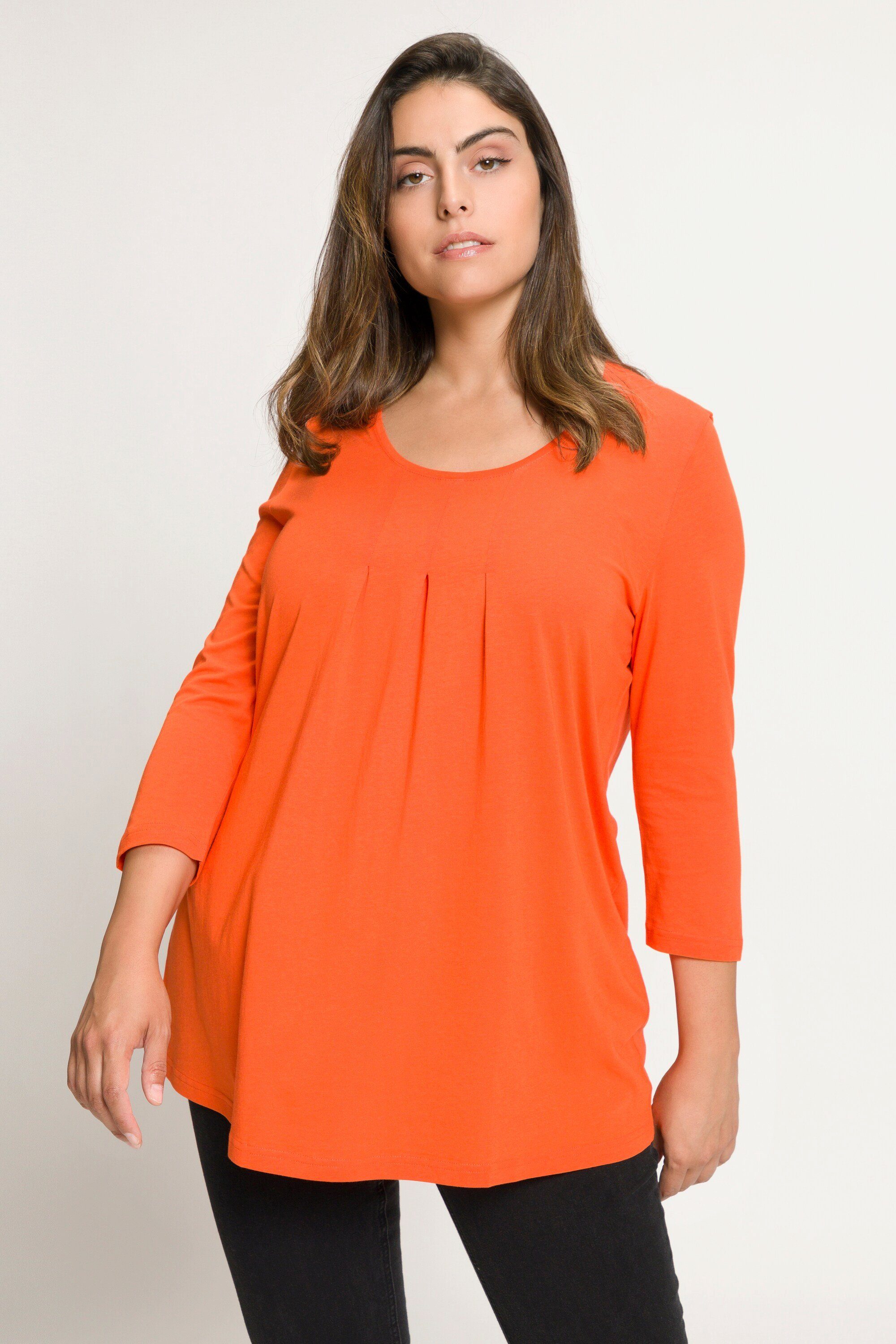 Ulla Popken Rundhalsshirt Shirt Zierfalten A-Linie Rundhals 3/4-Arm orange