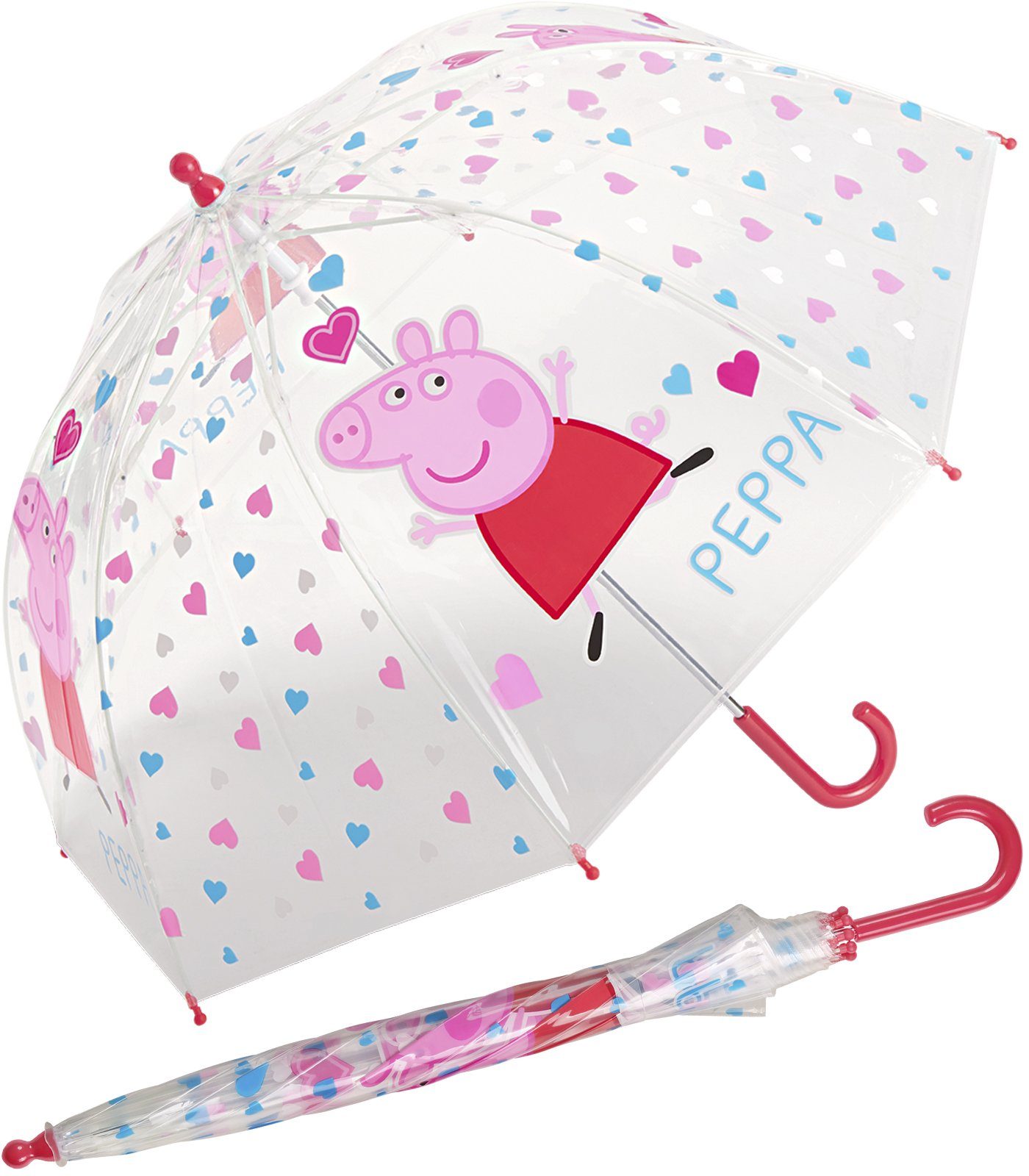 HAPPY RAIN Stockregenschirm Kinder-Stockschirm transparent durchsichtig, stabil, leicht, mit Peppa Pig Motiven Herzen