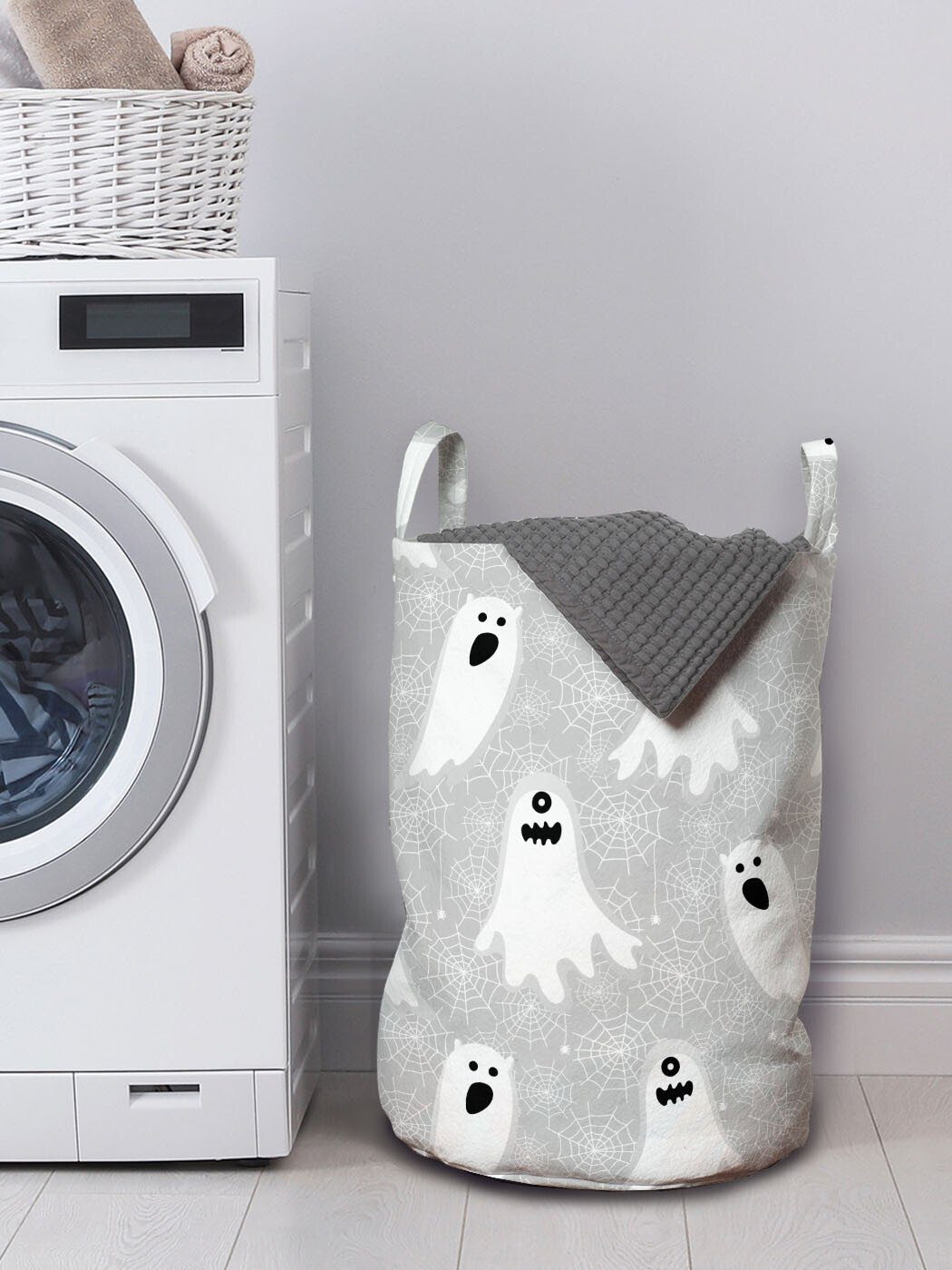 Wäschekorb Waschsalons, für Kordelzugverschluss Griffen Wäschesäckchen Boo-Geist Spinnen-Netz mit Halloween und Abakuhaus
