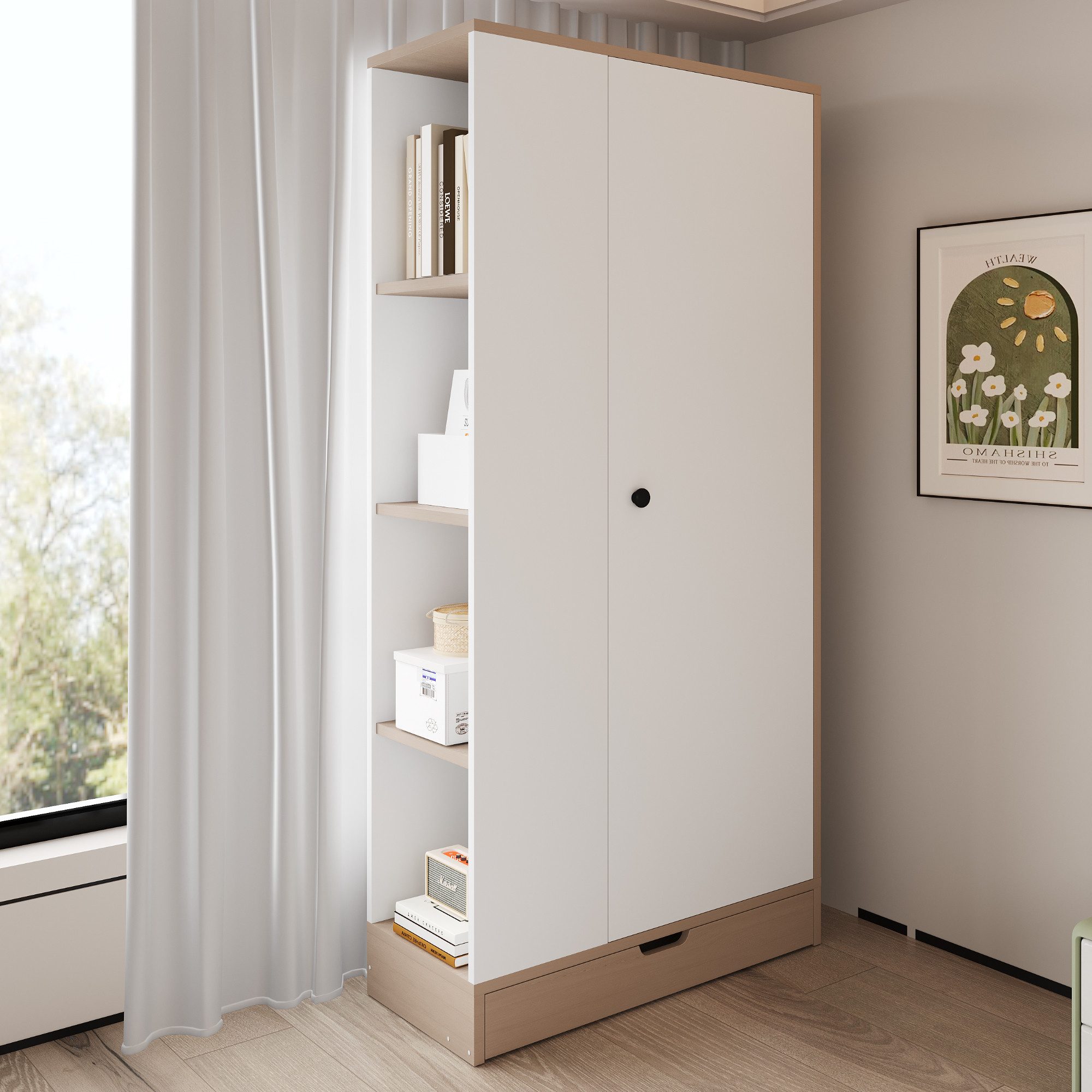 Odikalo Kleiderschrank Eckkleiderschrank mit Schubladen weiss natur (Kleiderschrank 70*40*170cm, eintürige Ausführung, mit Einlegeböden und Schubladen)