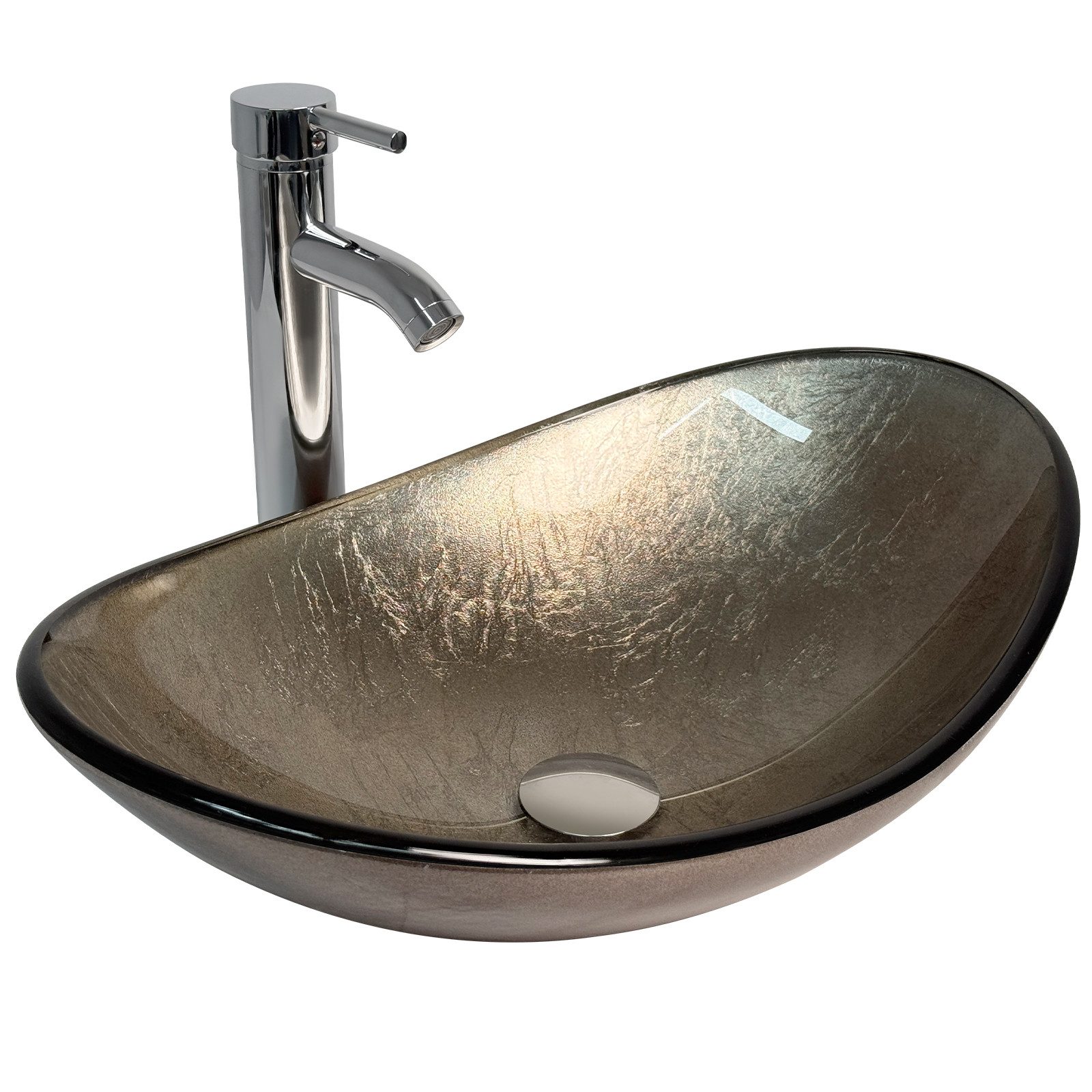 Puluomis Aufsatzwaschbecken Waschbecken Set mit Wasserhahn und Ablaufgarnitur Oval, Handgezeichnet Waschschale, Waschplätze für Badezimmer Küche WC